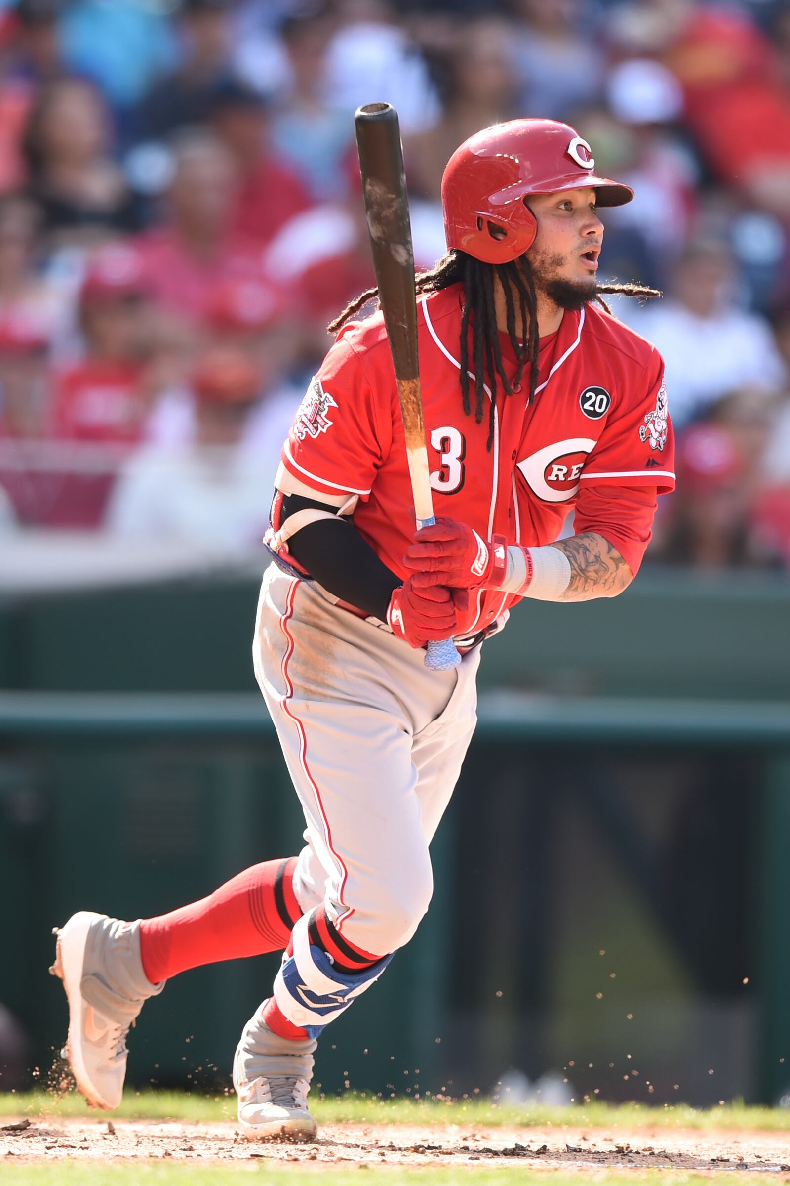 WASHINGTON, DC - AUGUST 14:  Freddy Galvis #3 of the Cincinnati Reds singles in the second inning during a baseball game against the Washington Nationals at Nationals Park on August 14, 2019 in Washington, DC.  (Photo by Mitchell Layton/Getty Images)