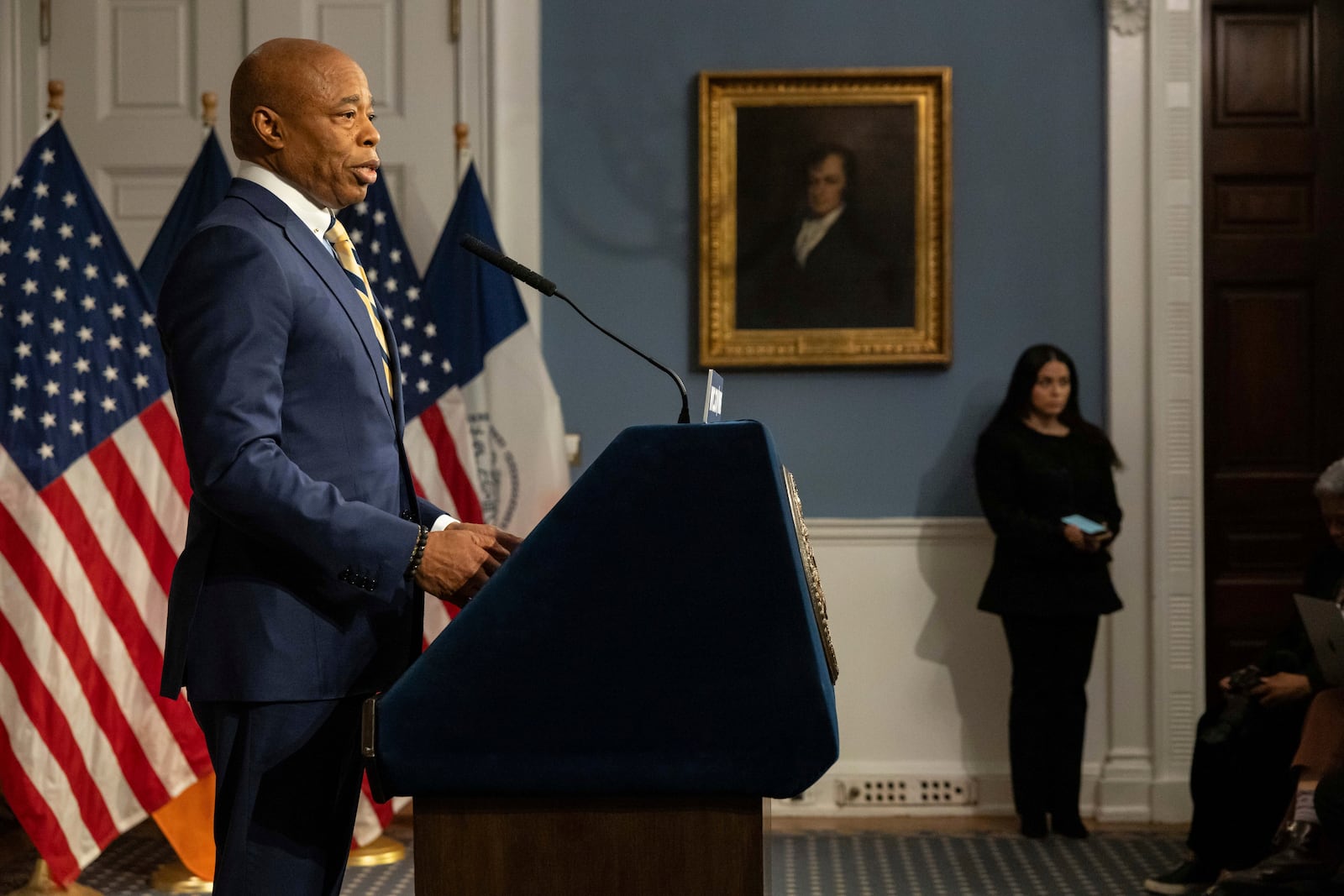 New York City Mayor Eric Adams speaks during a press conference at City Hall following meeting with President-elect Donald Trump’s incoming "border czar" Tom Homan, Thursday, Dec. 12, 2024, in New York. (AP Photo/Yuki Iwamura)