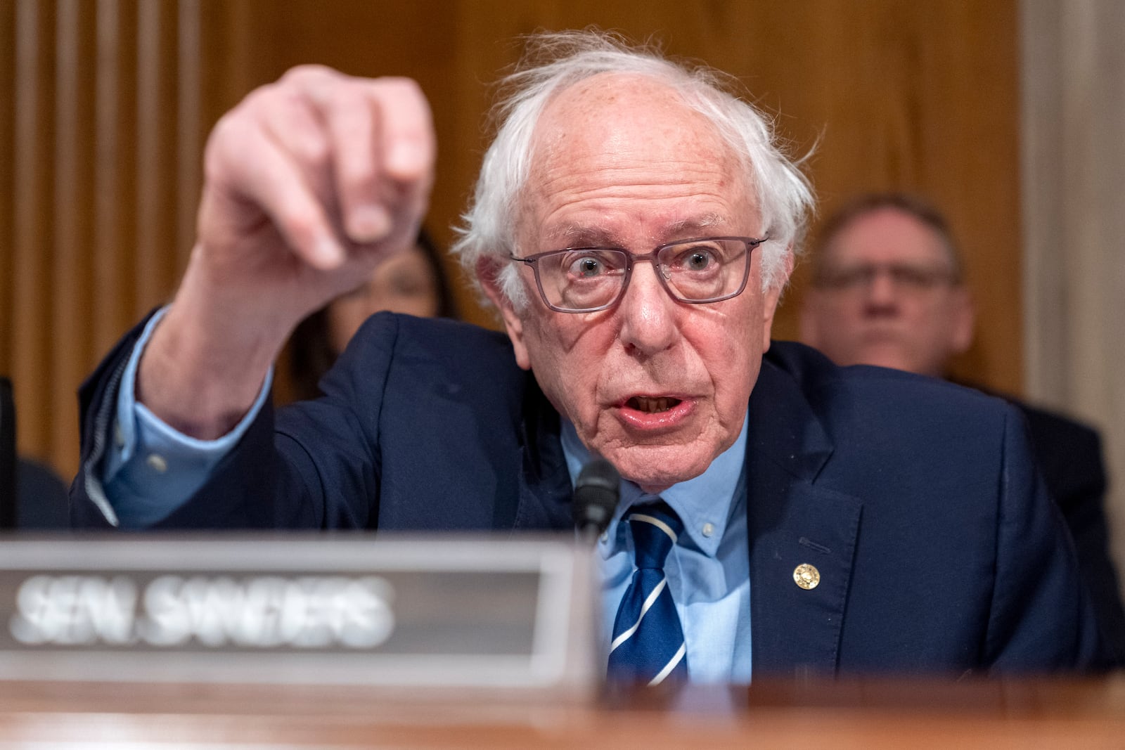 Health, Education, and Labor Committee Ranking Member Sen. Bernie Sanders, I-Vt., questions Linda McMahon, President Donald Trump's nominee for Secretary of Education, during a committee hearing on her nomination, Thursday, Feb. 13, 2025, in Washington. (AP Photo/Jacquelyn Martin)