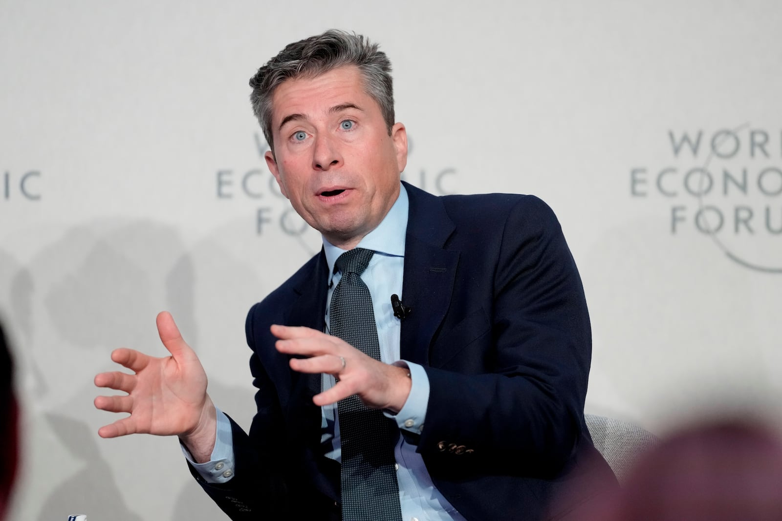 Tom Fletcher, under-secretary-general for Humanitarian Affairs and Emergency Relief Coordinator speaks during a briefing on the humanitarian situation in Gaza at the Annual Meeting of World Economic Forum in Davos, Switzerland, Tuesday, Jan. 21, 2025. (AP Photo/Markus Schreiber)