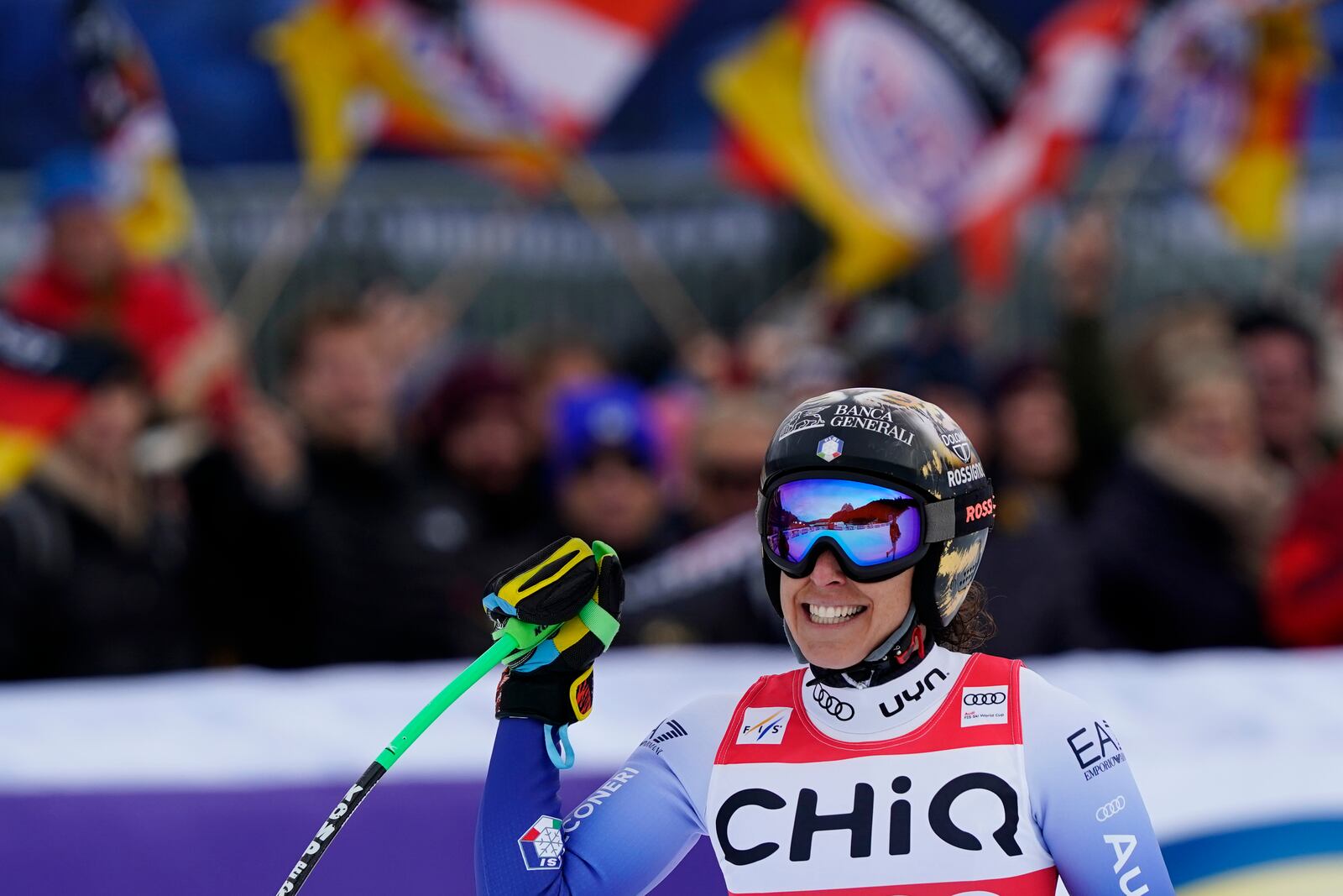 Italy's Federica Brignone reacts after completing an alpine ski, women's World Cup downhill, in Garmisch, Germany, Saturday, Jan. 25, 2025. (AP Photo/Piermarco Tacca)