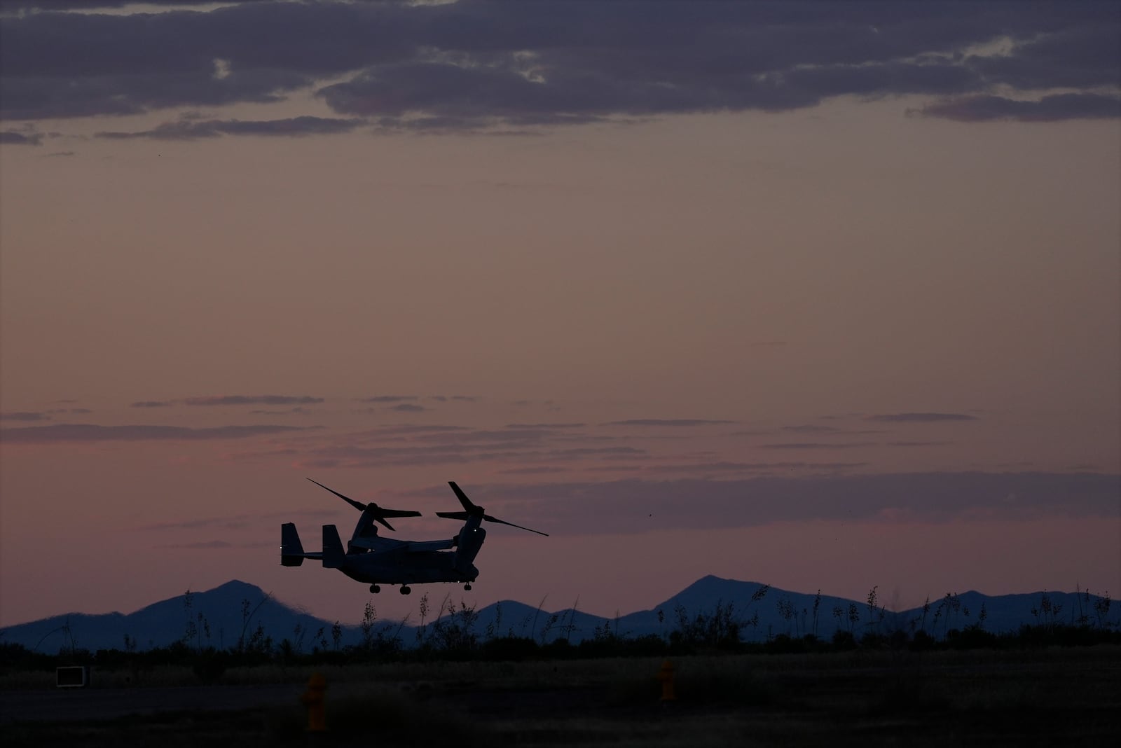 FILE - Marine Two, an Osprey tilt-rotor aircraft, with Democratic presidential nominee Vice President Kamala Harris aboard, departs after she visited the border and spoke in Douglas, Ariz., Sept. 27, 2024. (AP Photo/Carolyn Kaster, File)