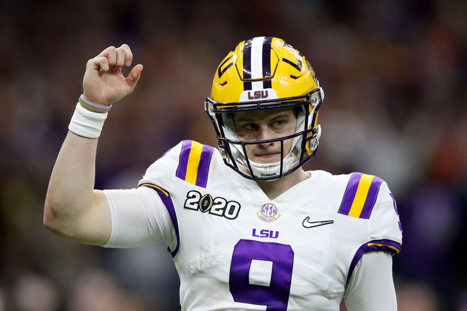 LSU quarterback Joe Burrow celebrates a touchdown pass against Clemson during the College Football Playoff National Championship game at Mercedes Benz Superdome in New Orleans on January 13, 2020. (Chris Graythen/Getty Images/TNS)