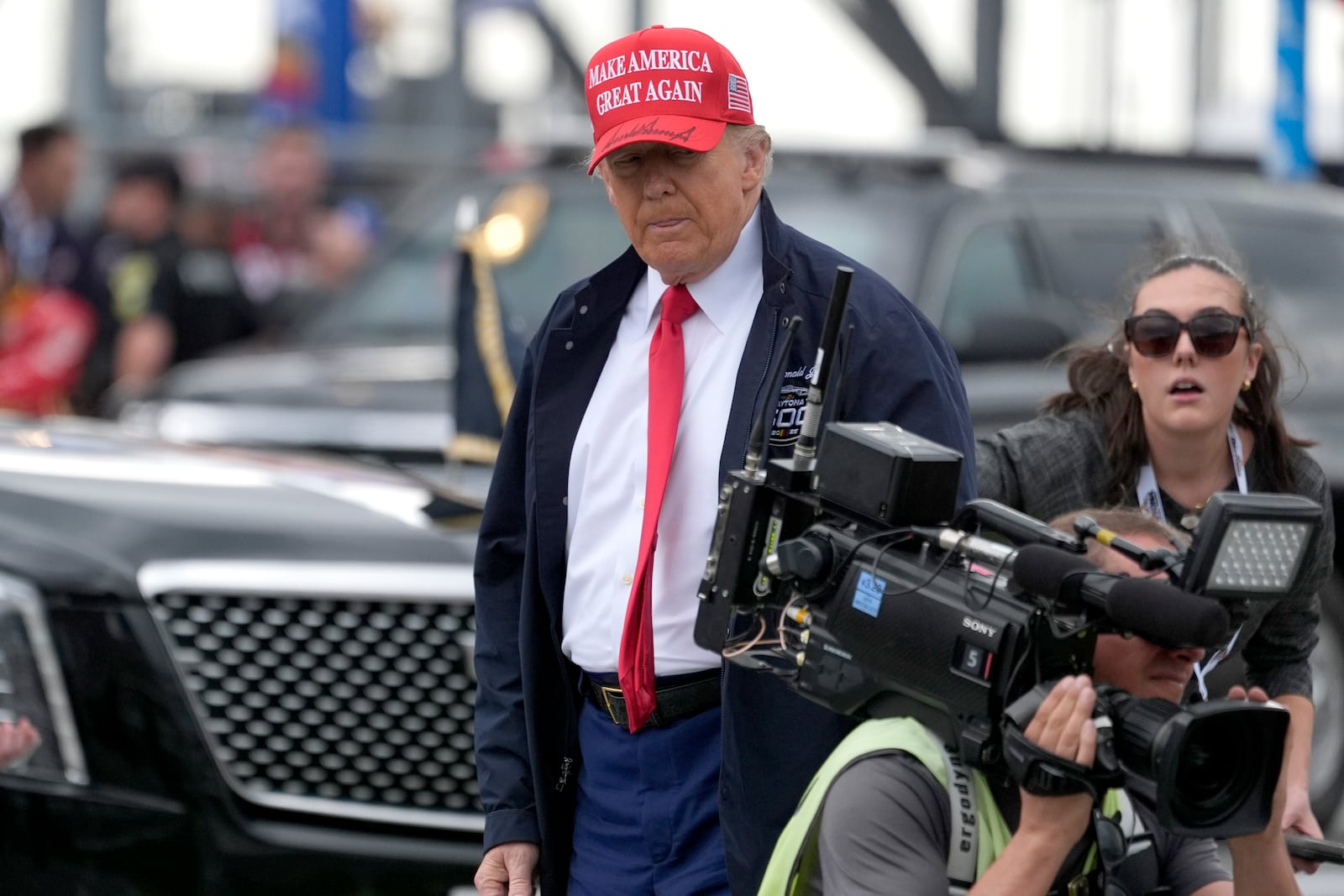 President Donald Trump attends the NASCAR Daytona 500 auto race at Daytona International Speedway, Sunday, Feb. 16, 2025, in Daytona Beach, Fla. (AP Photo/John Raoux)