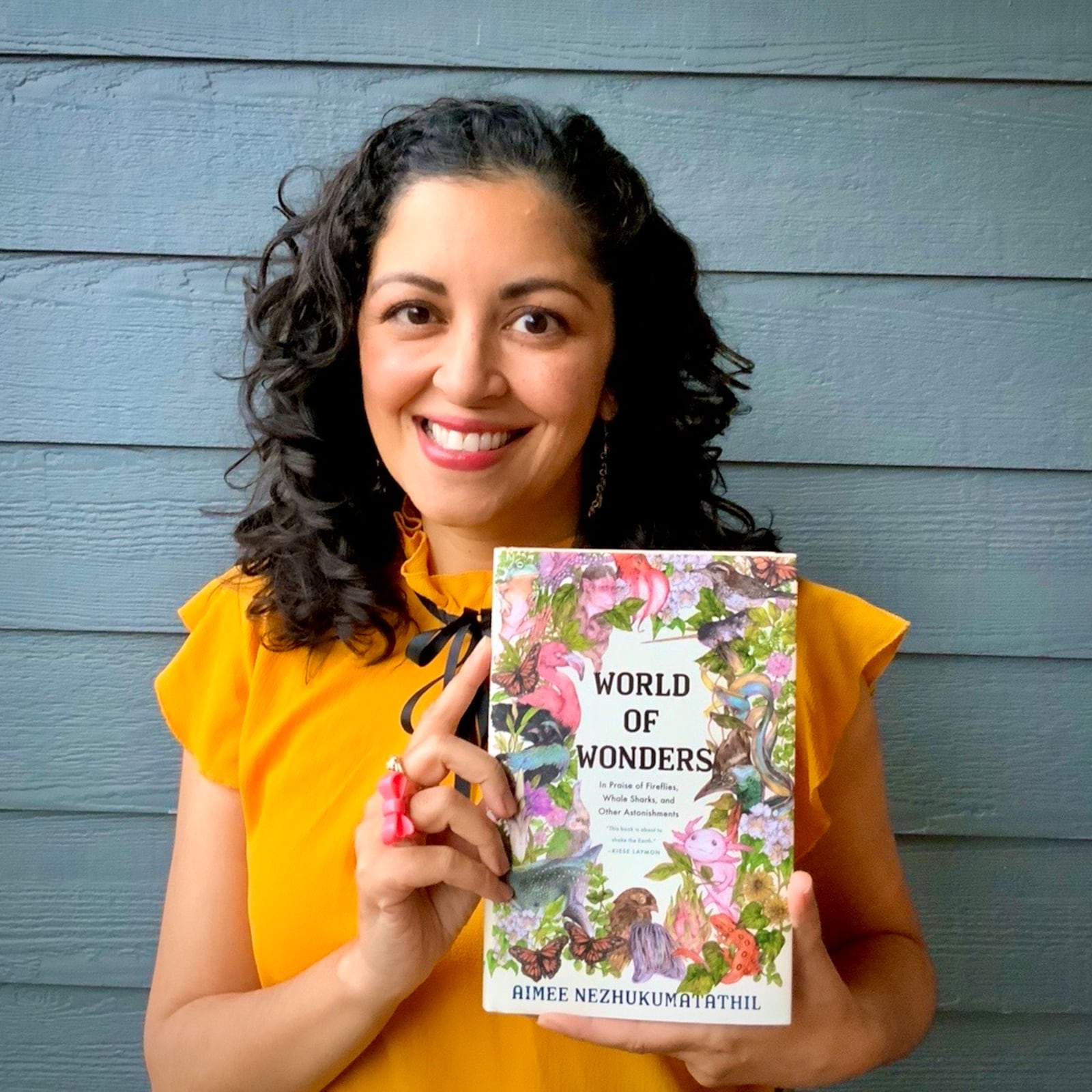 Aimee Nezhukumatathil and her 2020 book "World of Wonders".