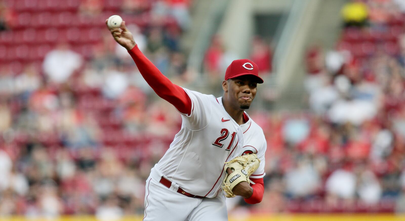 Reds starter Hunter Greene pitches against the Cardinals on Friday, April 22, 2022, at Great American Ball Park in Cincinnati. David Jablonski/Staff