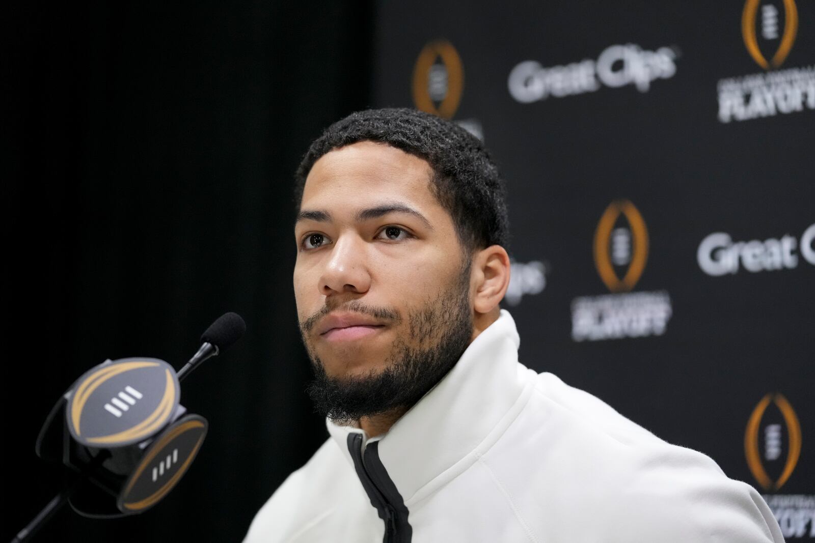 Ohio State linebacker Cody Simon during media day ahead of the national championship NCAA College Football Playoff game between Ohio State and Notre Dame Saturday, Jan. 18, 2025, in Atlanta. The game will be played on Monday. (AP Photo/Brynn Anderson)