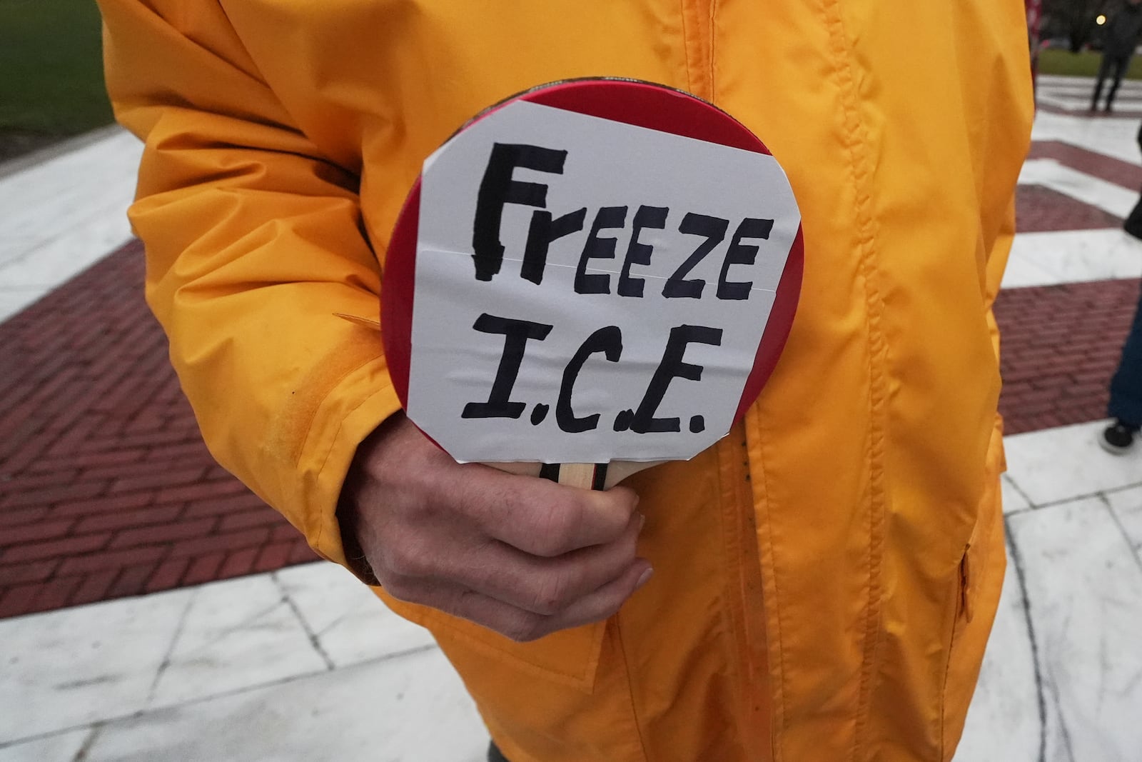 A protester holds a "Freeze I.C.E." sign during a rally outside the Rhode Island State House in support of deported Brown University Dr. Rasha Alawieh, Monday, March 17, 2025 in Providence, R.I. (AP Photo/Charles Krupa)