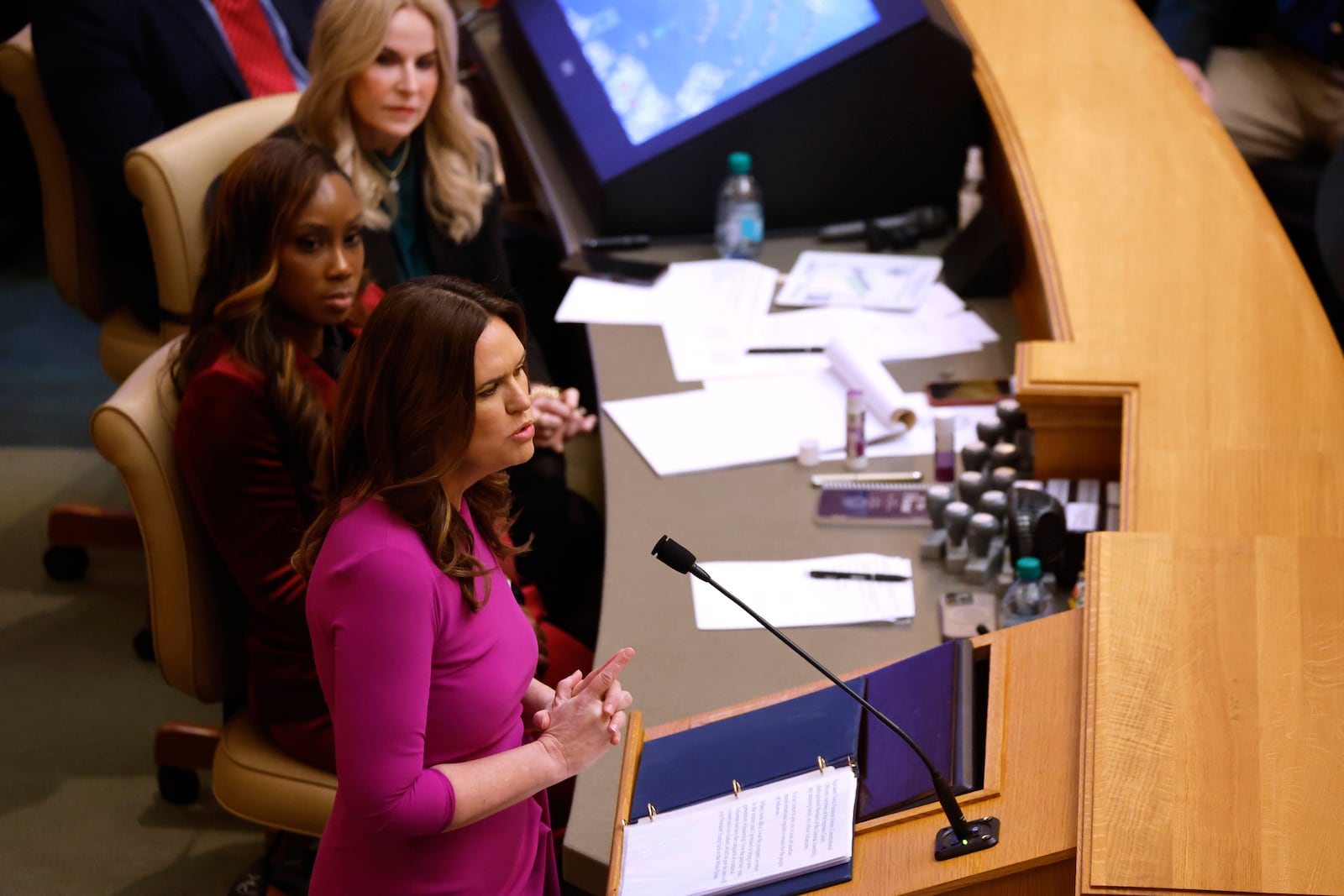 Gov. Sarah Huckabee Sanders gives the State of the State address to a joint session of the Arkansas General Assembly on Tuesday, Jan. 14, 2025, at the state Capitol in Little Rock, Ark. (Thomas Metthe/Arkansas Democrat-Gazette via AP)