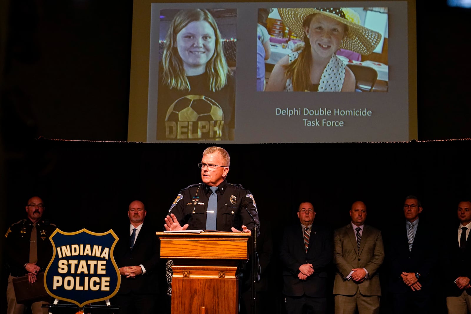 FILE - Indiana State Police Superintendent Doug Carter announces during a news conference in Delphi, Ind., Oct. 31, 2022, the arrest of Richard Allen for the murders of two teenage girls killed in 2017. (AP Photo/Michael Conroy, File)