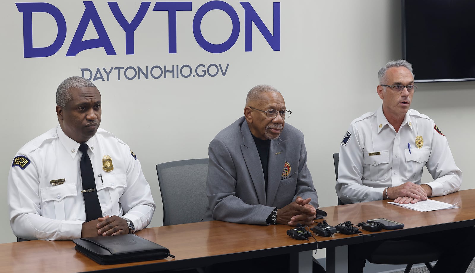 The  city of Dayton held a press conference Friday, Nov. 8, 2024 focusing on risks of vacant or abandoned structures. from left, Lt. Col. Eric Henderson of the Dayton Police Department, Dayton Mayor Jeffrey Mims, Jr. and Dayton Fire Department chief, Mike Rice. MARSHALL GORBY\STAFF