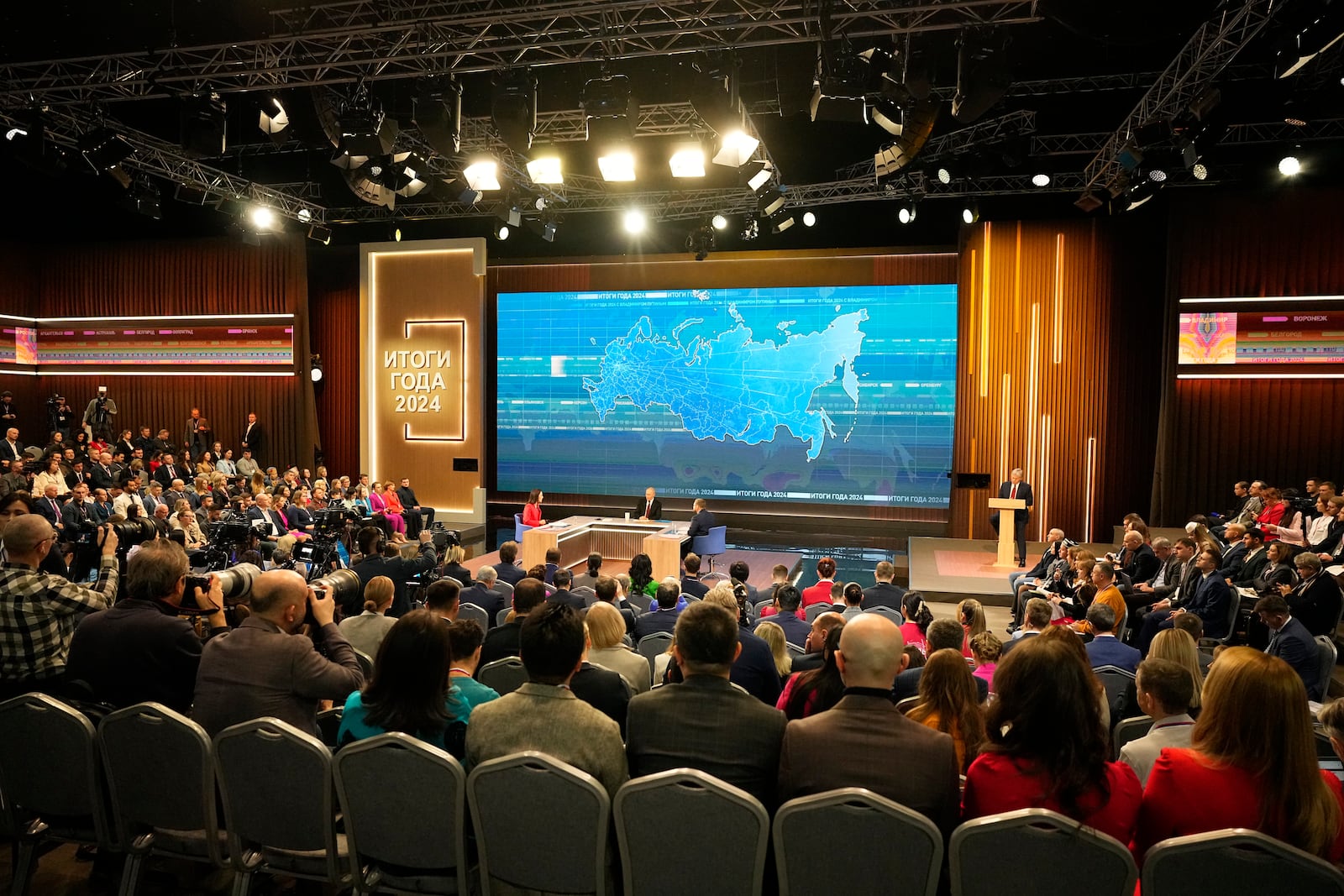 Russian President Vladimir Putin speaks during his annual news conference and call-in show at Gostinny Dvor in Moscow, Russia, Thursday, Dec. 19, 2024. (AP Photo/Alexander Zemlianichenko)