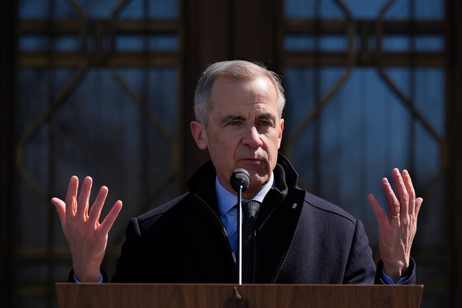 Prime Minister Mark Carney speaks to media at Rideau Hall, where he asked the Governor General to dissolve Parliament and call an election, in Ottawa, Sunday, March 23, 2025. (Adrian Wyld /The Canadian Press via AP)