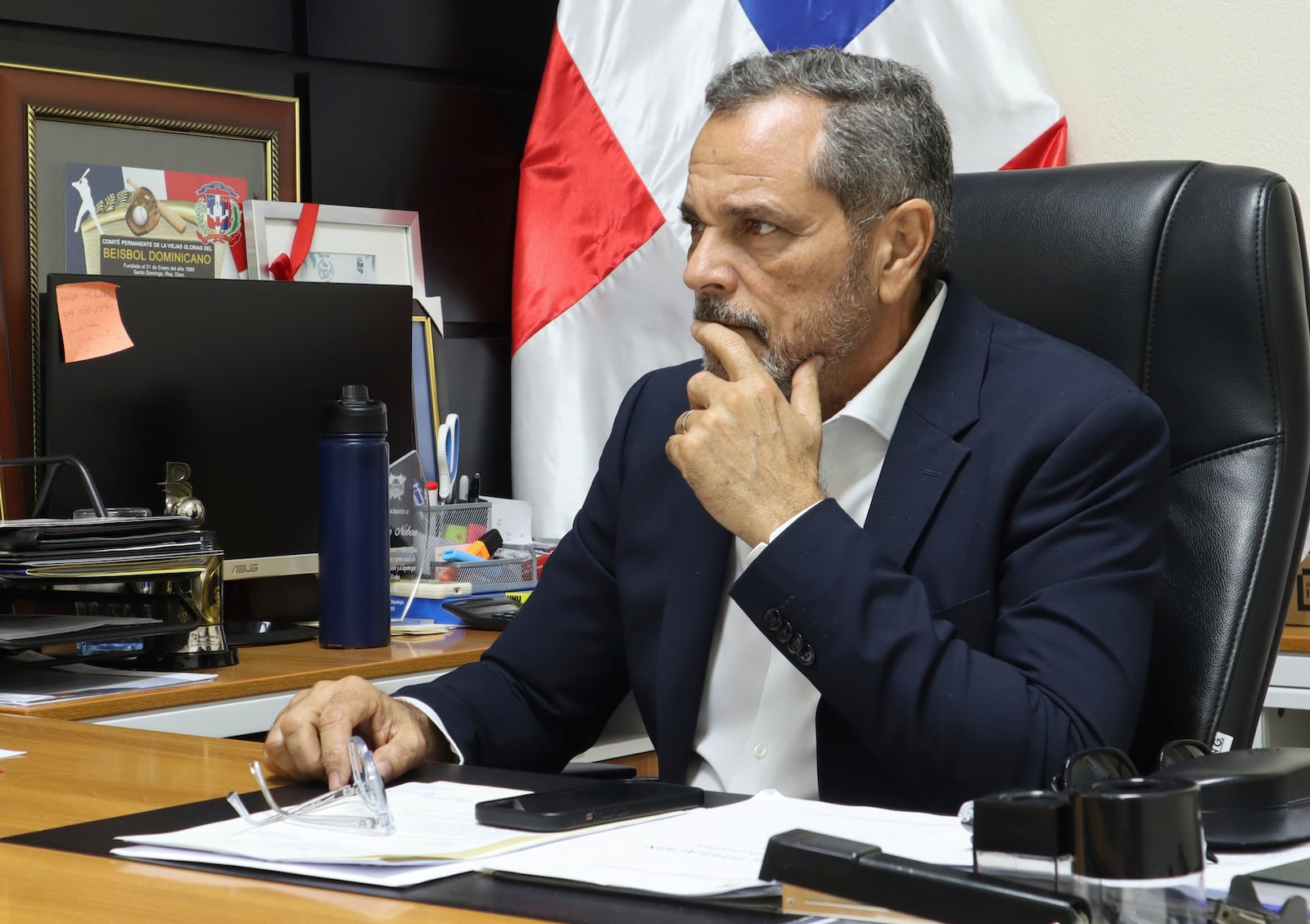 Junior Noboa, the Dominican Republic’s baseball commissioner, pauses during an interview in his office at the Quisqueya Stadium in Santo Domingo, Dominican Republic, Monday, Jan. 27, 2025. (AP Photo/Martin Adames)