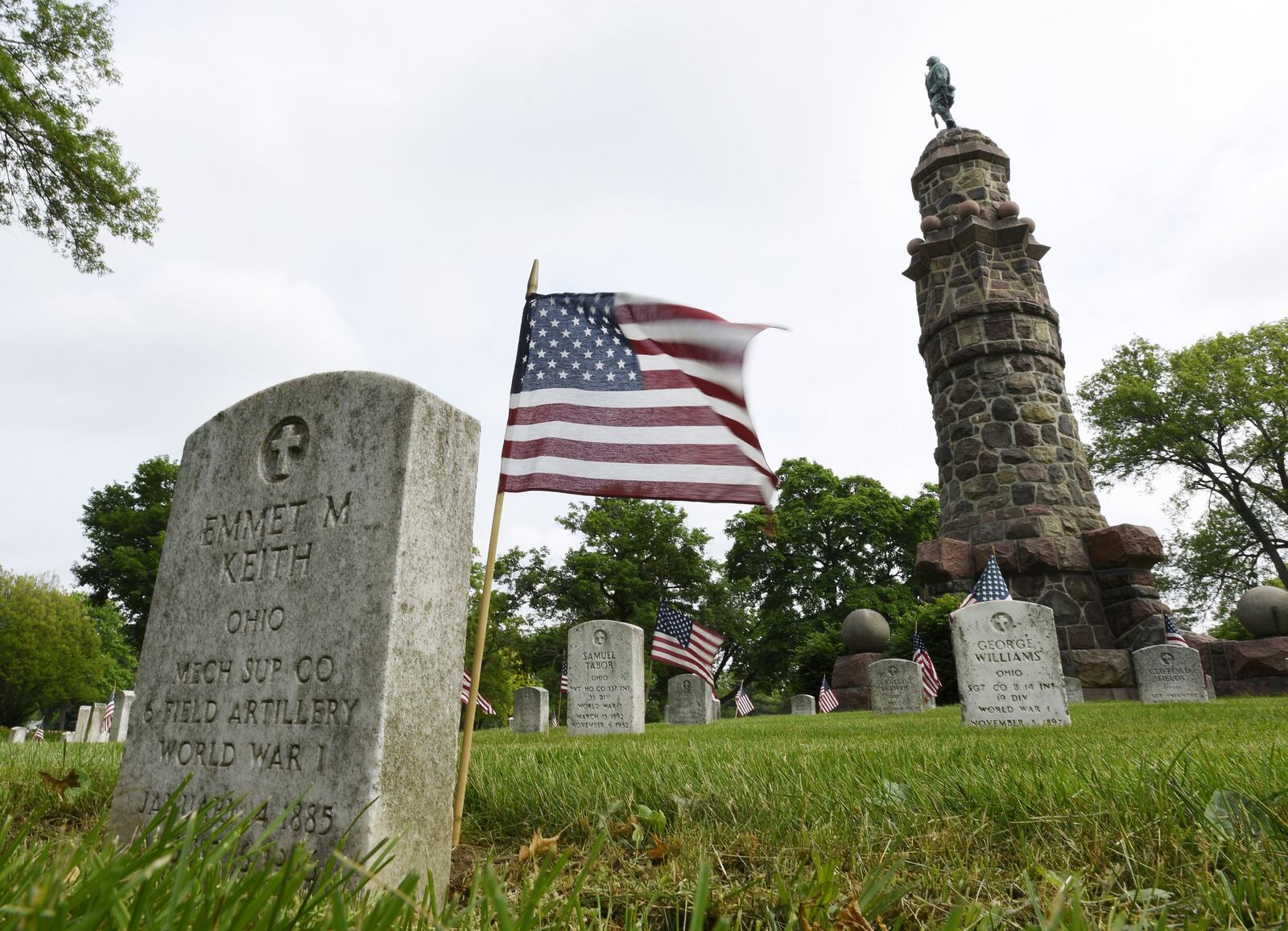 The Soldiers and Sailors monument is one of several at Woodside Cemetery and Arboretum honoring veterans from all branches of the military service. NICK GRAHAM/STAFF