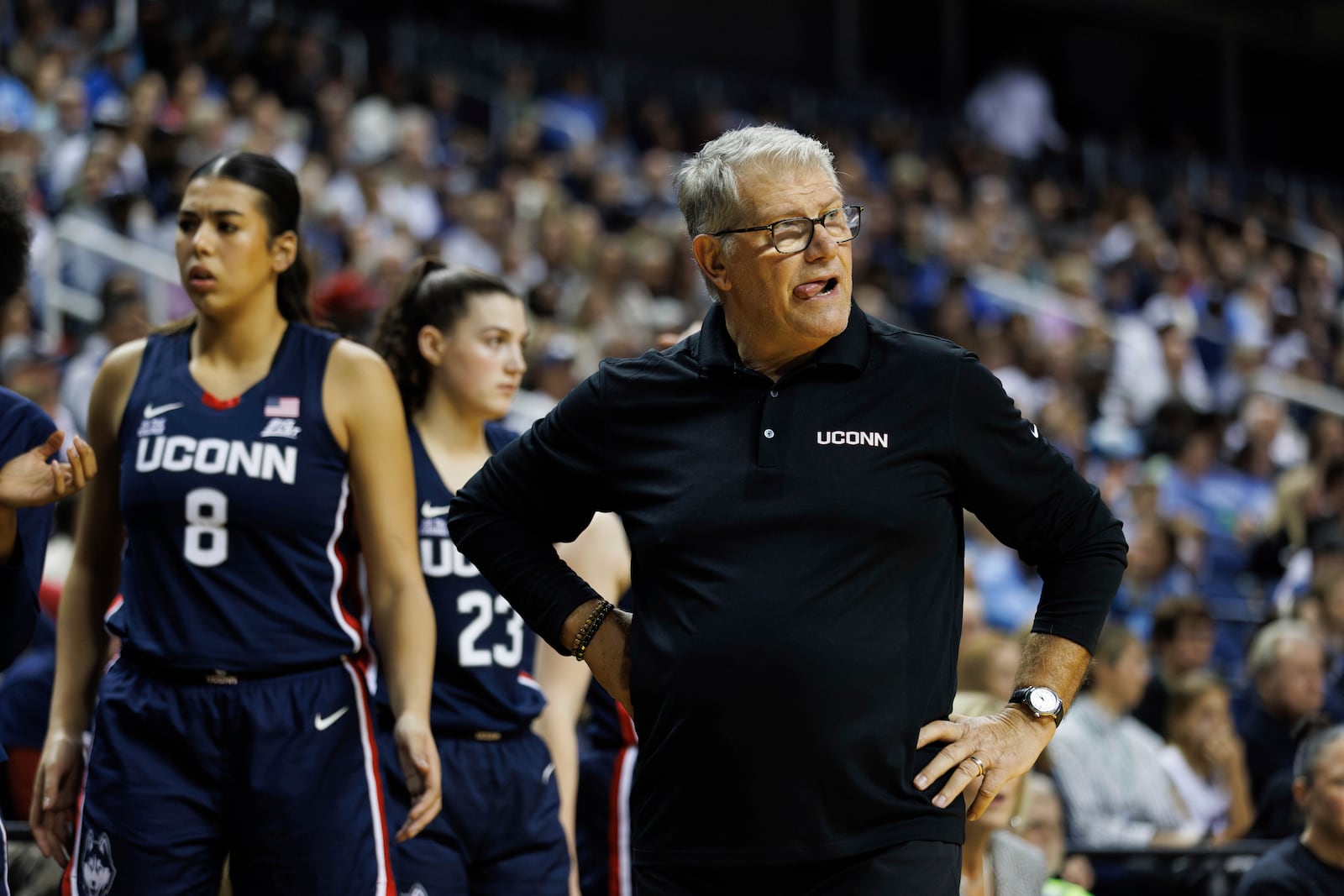 UConn head coach Geno Auriemma looks towards the court during the second half of an NCAA college basketball game against North Carolina in Greensboro, N.C., Friday, Nov. 15, 2024. (AP Photo/Ben McKeown)