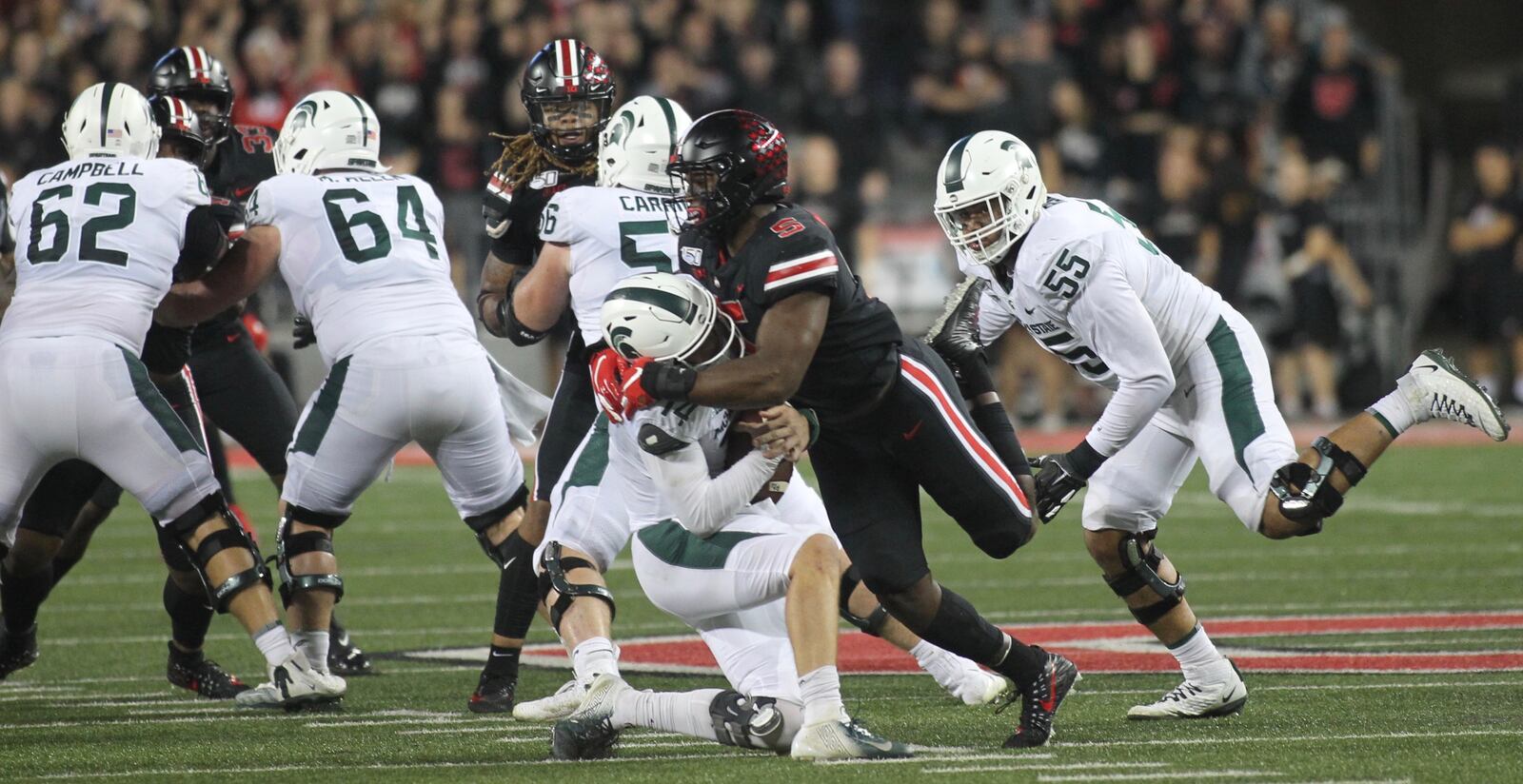 Ohio State’s Baron Browning sacks Michigan State’s Brian Lewerke on Saturday, Oct. 5, 2019, at Ohio Stadium in Columbus.