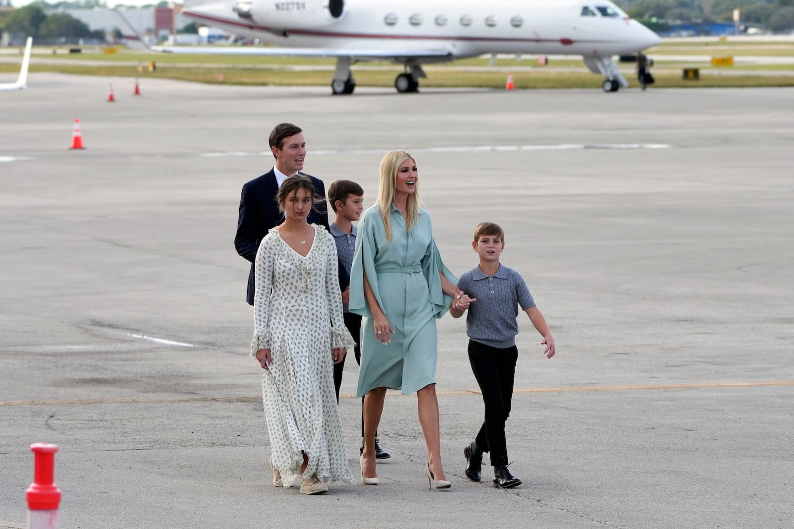 Ivanka Trump, Jared Kushner and family, arrive to board an Air Force Special Air Mission airplane as it stands ready for President-elect Donald Trump to arrive at Palm Beach International Airport Saturday, Jan. 18, 2025 in West Palm Beach, Fla., for travel to Washington. (AP Photo/Lynne Sladky)