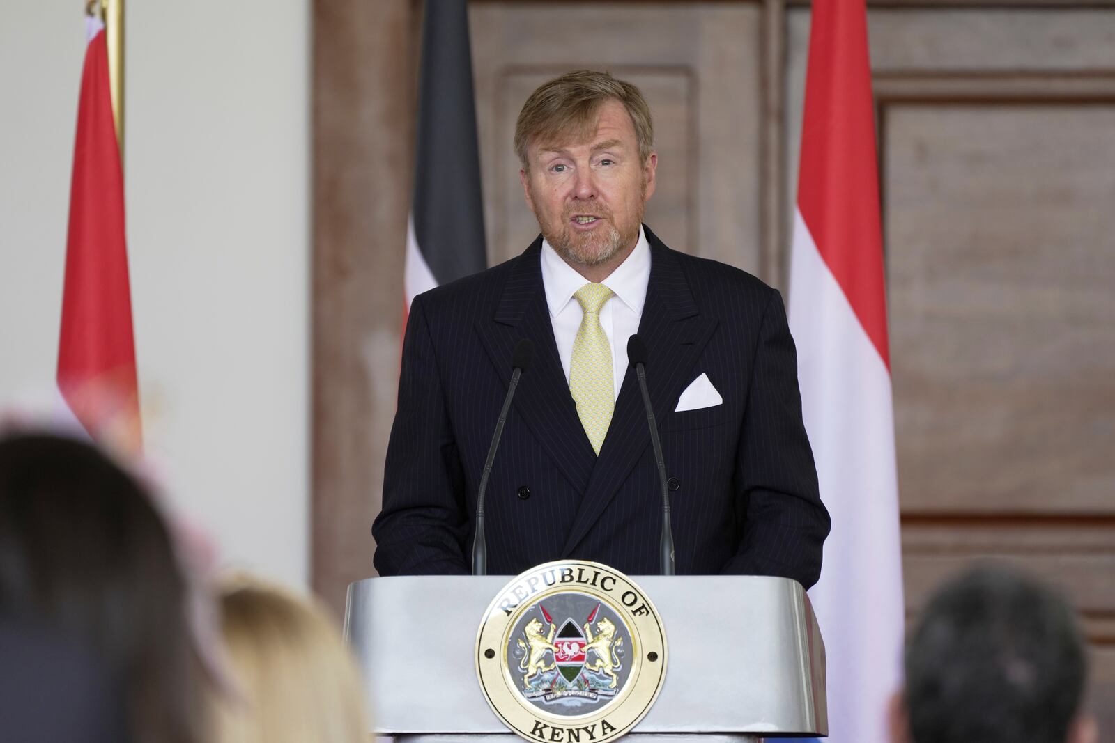 King Willem-Alexander of the Netherlands speaks during a joint press conference with Kenya's President William Ruto, after a meeting at State House in Nairobi, Kenya, Tuesday, March. 18, 2025. (AP Photo/Brian Inganga)