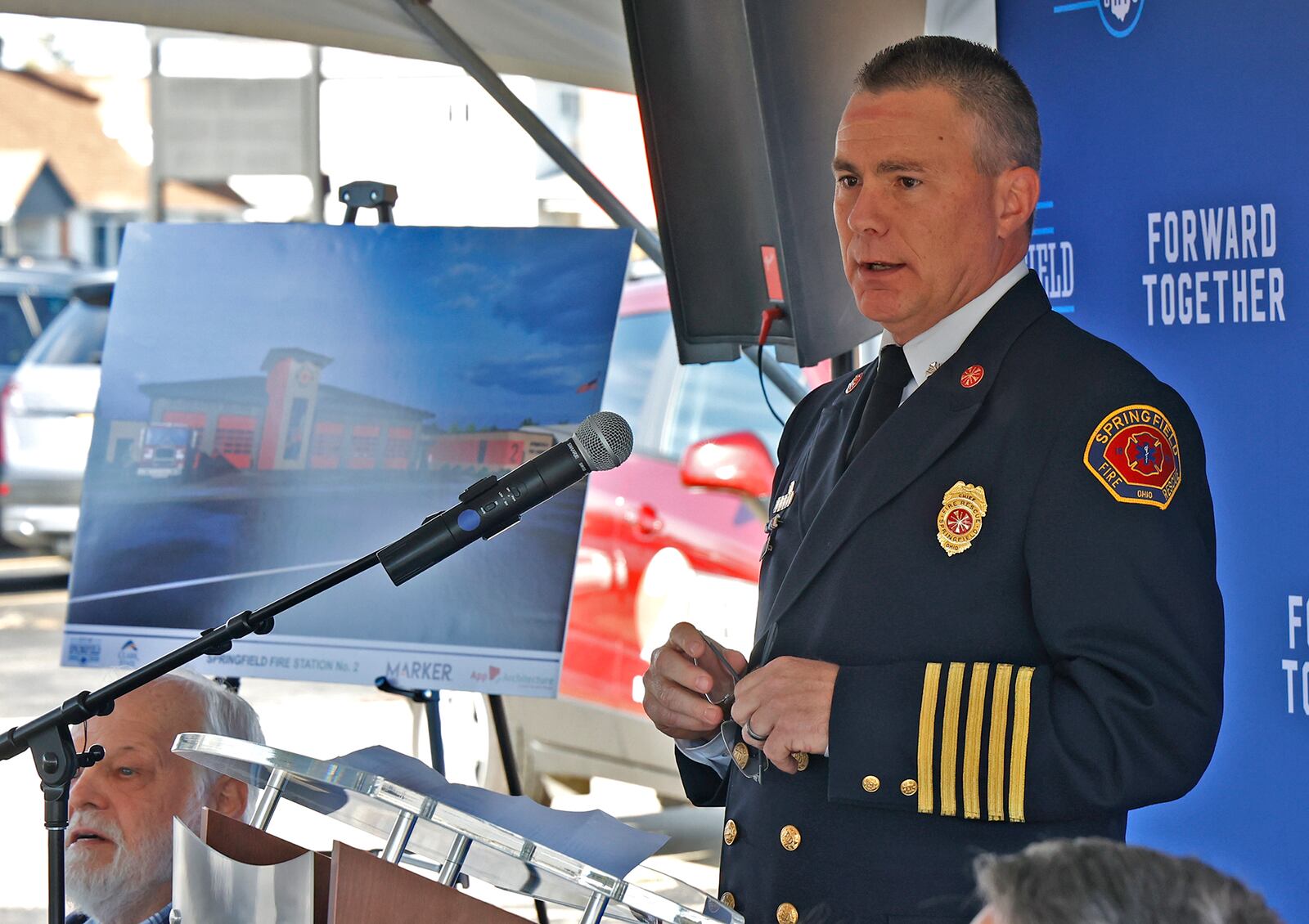 Springfield Fire Chief Brian Miller speaks during a groundbreaking ceremony for the new 16,221-square foot fire station on South Limestone Street Wednesday, Nov. 9, 2022. BILL LACKEY/STAFF