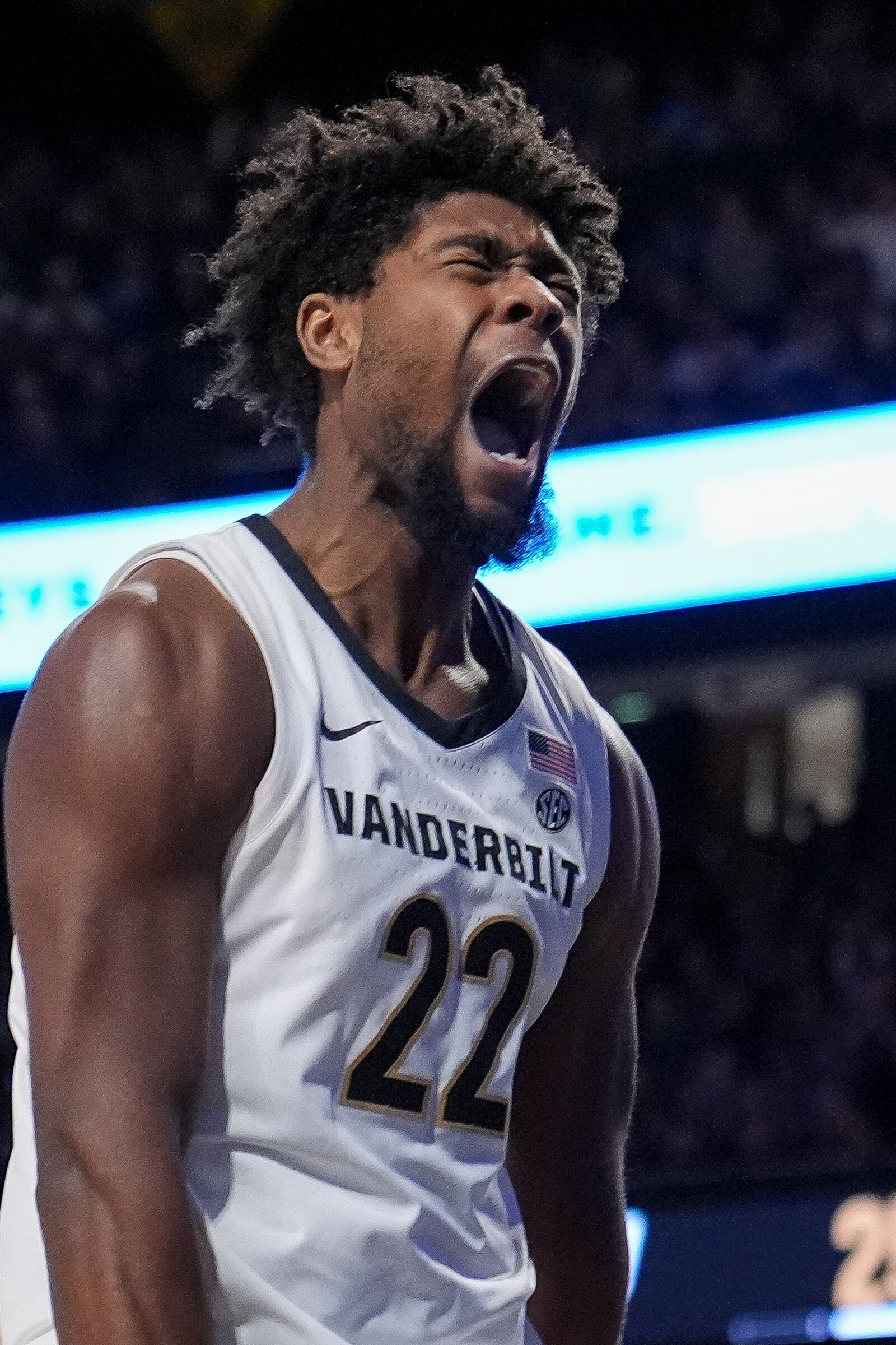 Vanderbilt forward Jaylen Carey (22) celebrates a slam dunk during the first half of an NCAA college basketball game against Kentucky, Saturday, Jan. 25, 2025, in Nashville, Tenn. (AP Photo/George Walker IV)