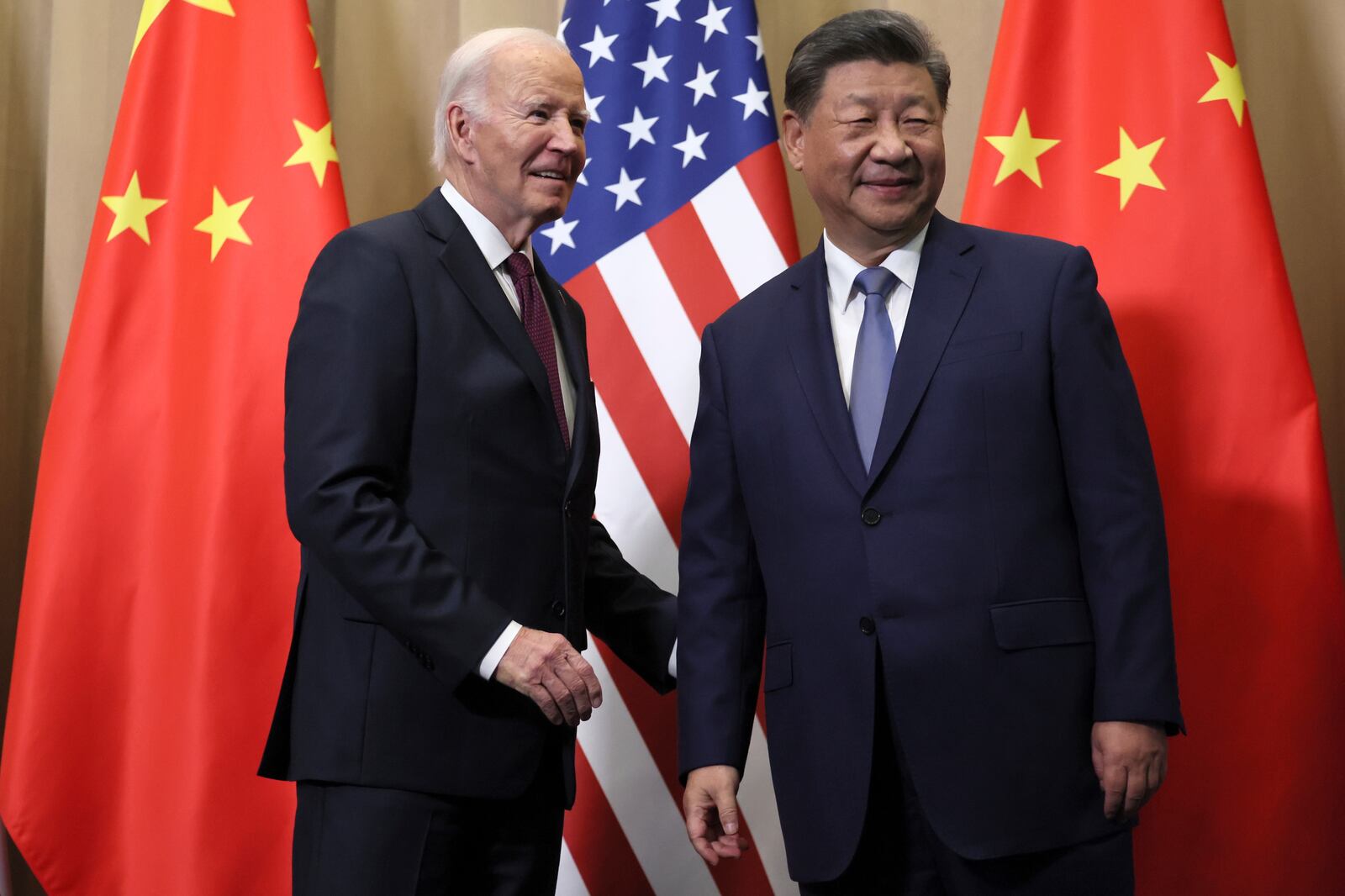 President Joe Biden and Chinese President Xi Jinping before a bilateral meeting, Saturday, Nov. 16, 2024, in Lima, Peru. (Leah Millis/Pool Photo via AP)