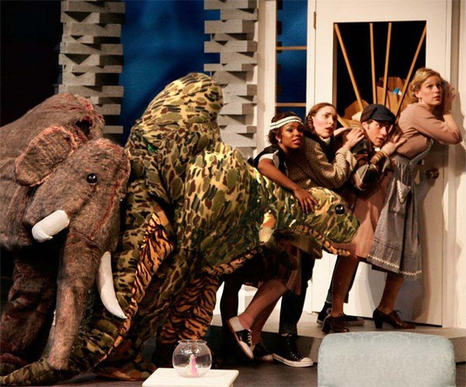 Jasmine Batchelor as maid Sabina (center) and the cast of Wright State University’s 2007 production of “The Skin of Our Teeth.” CONTRIBUTED BY W. STUART MCDOWELL