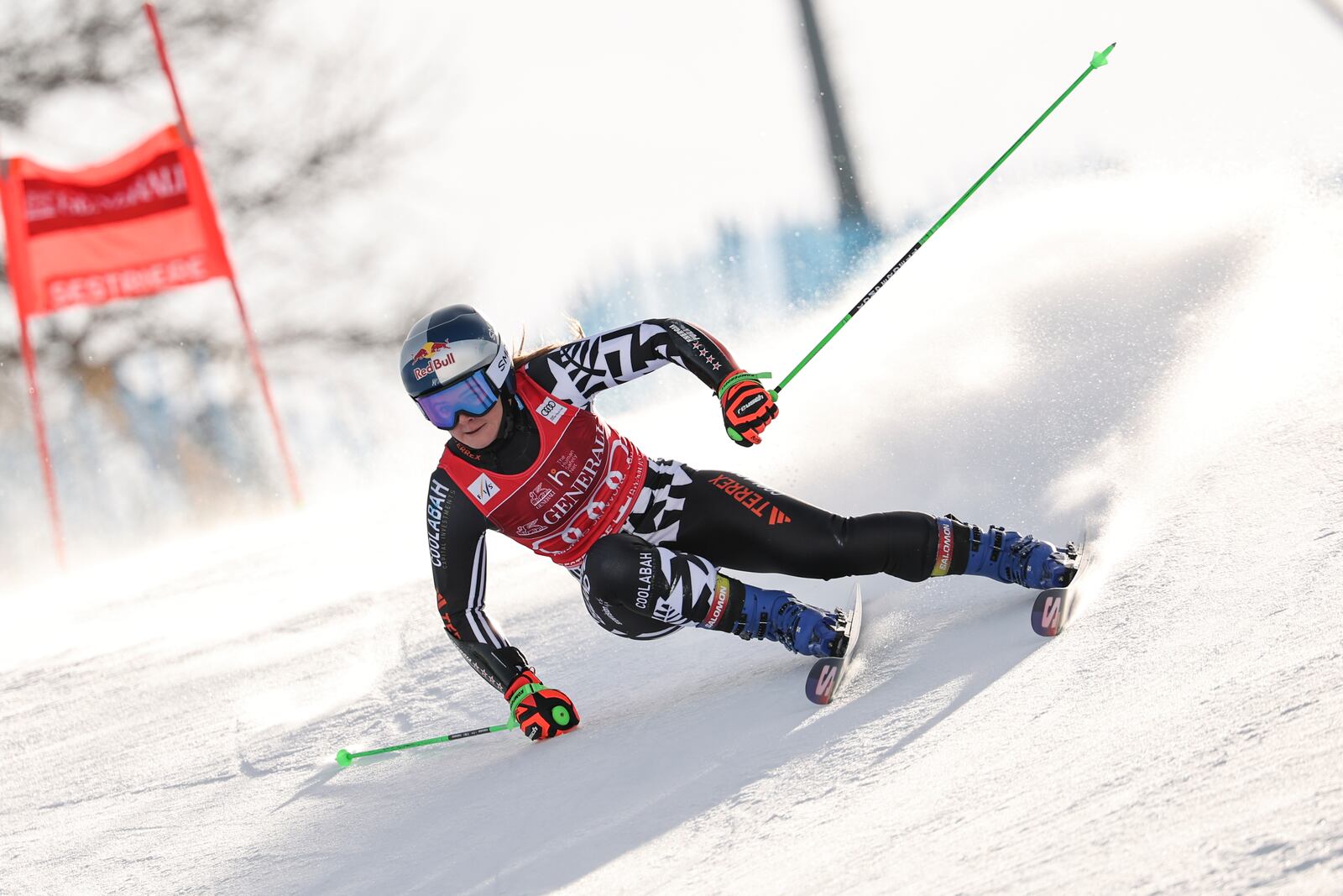 New Zealand's Alice Robinson speeds down the course during an alpine ski, women's World Cup giant slalom in Friday, Feb. 21, 2025. (AP Photo/Marco Trovati)