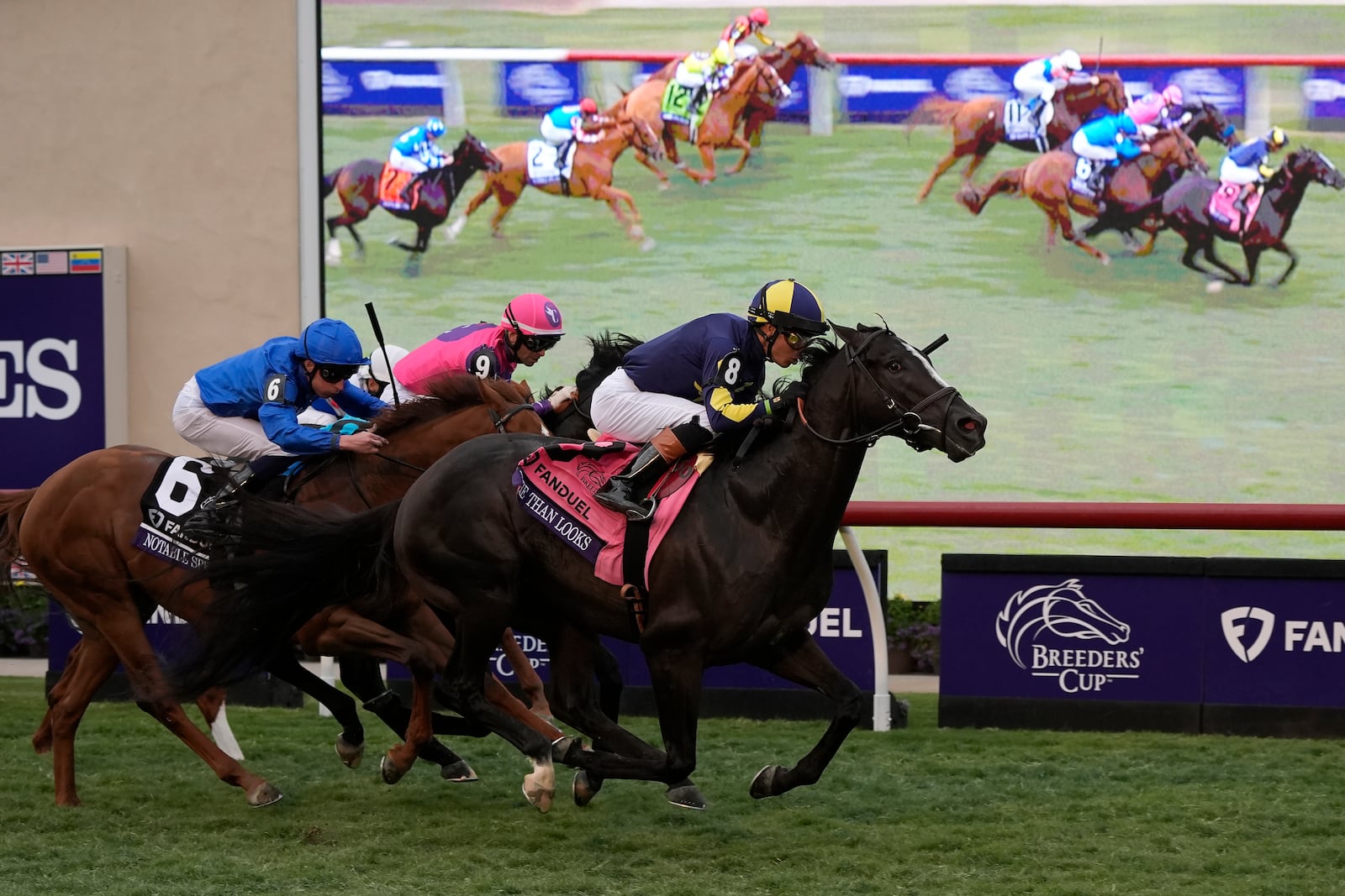 Jose Ortiz (8) rides More Than Looks to victory in the Breeders' Cup Mile horse race in Del Mar, Calif., Saturday, Nov. 2, 2024. (AP Photo/Gregory Bull)