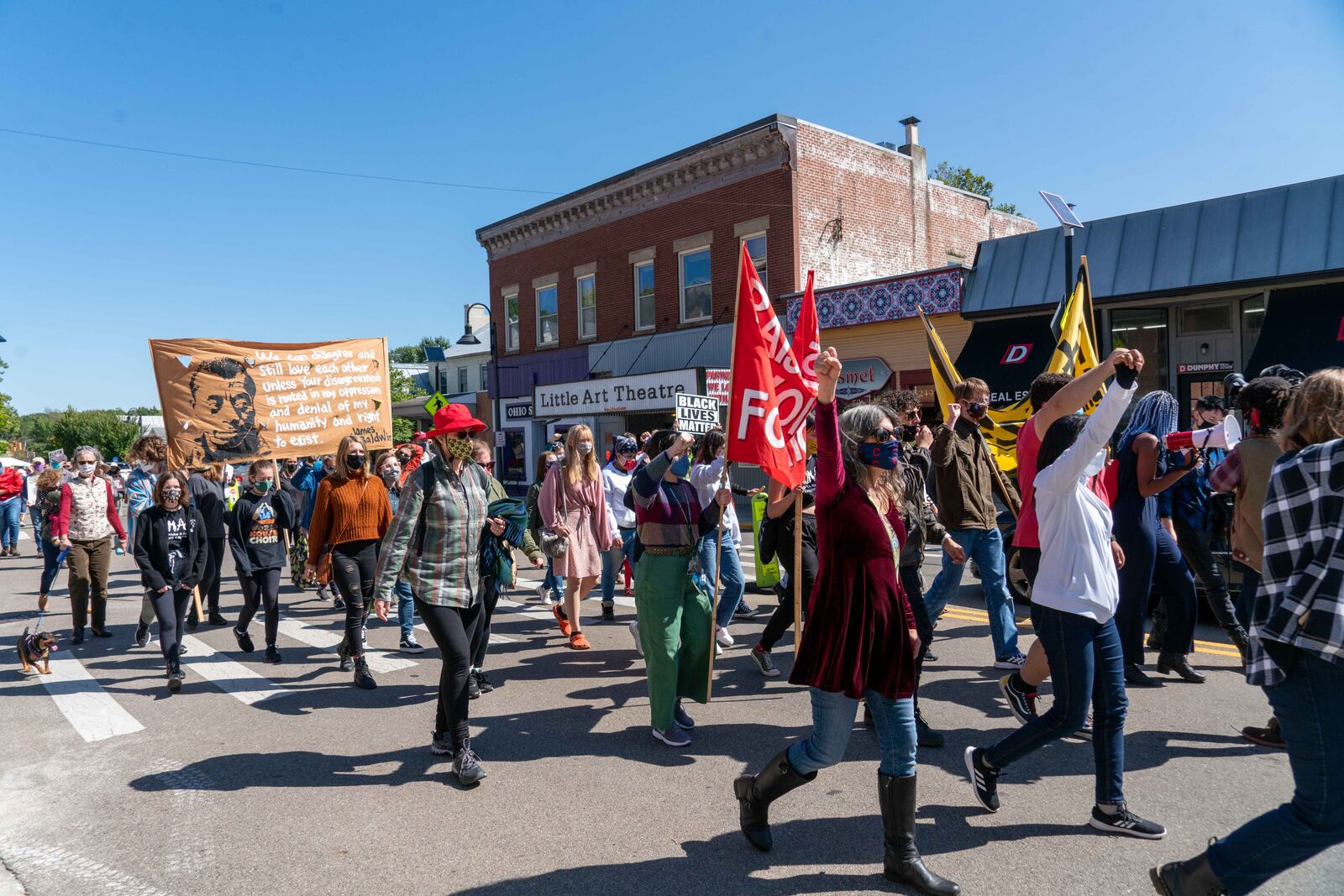 At a weekly Black Lives Matter protest in Yellow Springs on Saturday, Sept. 19, demonstrators marched downtown, blocking traffic. Marchers shouted the names of Black people killed by police officers and chanted things like, "when Black lives are under attack, what do we do? Stand up, fight back."