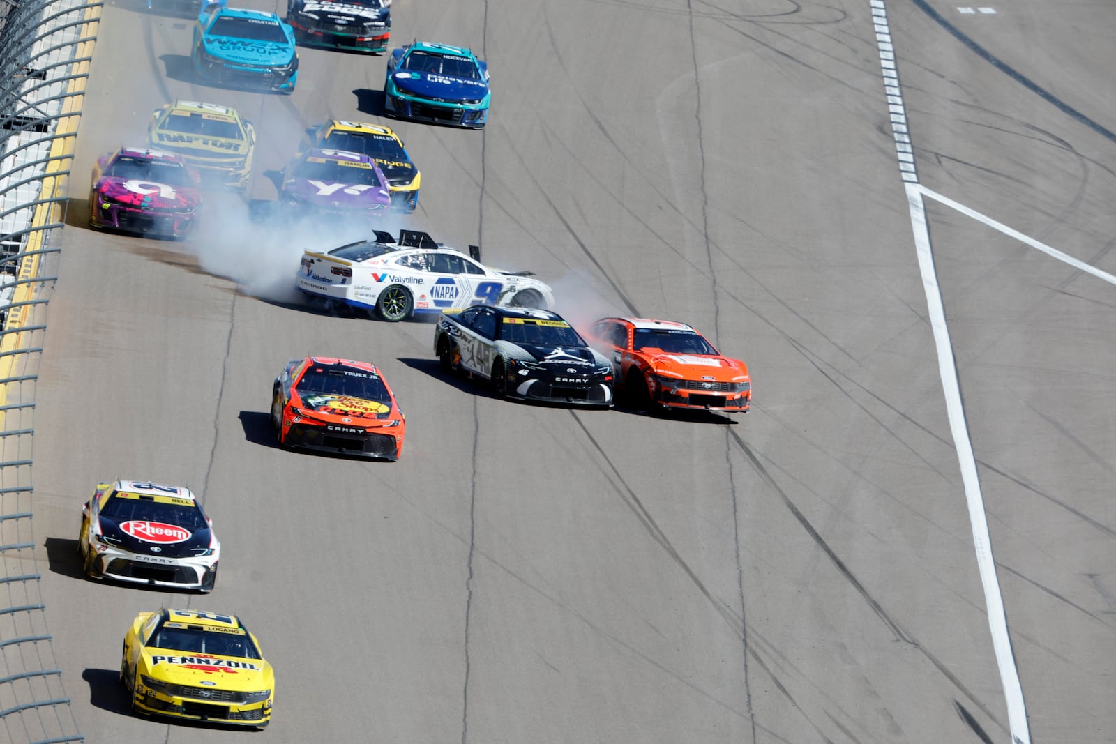 NASCAR Cup Series driver Tyler Reddick (45) crashes into Brad Keselowski (6) after colliding with Chase Elliott (9) during a NASCAR Cup Series auto race at the Las Vegas Motor Speedway Sunday, Oct. 20, 2024, in Las Vegas. (Steve Marcus/Las Vegas Sun via AP)