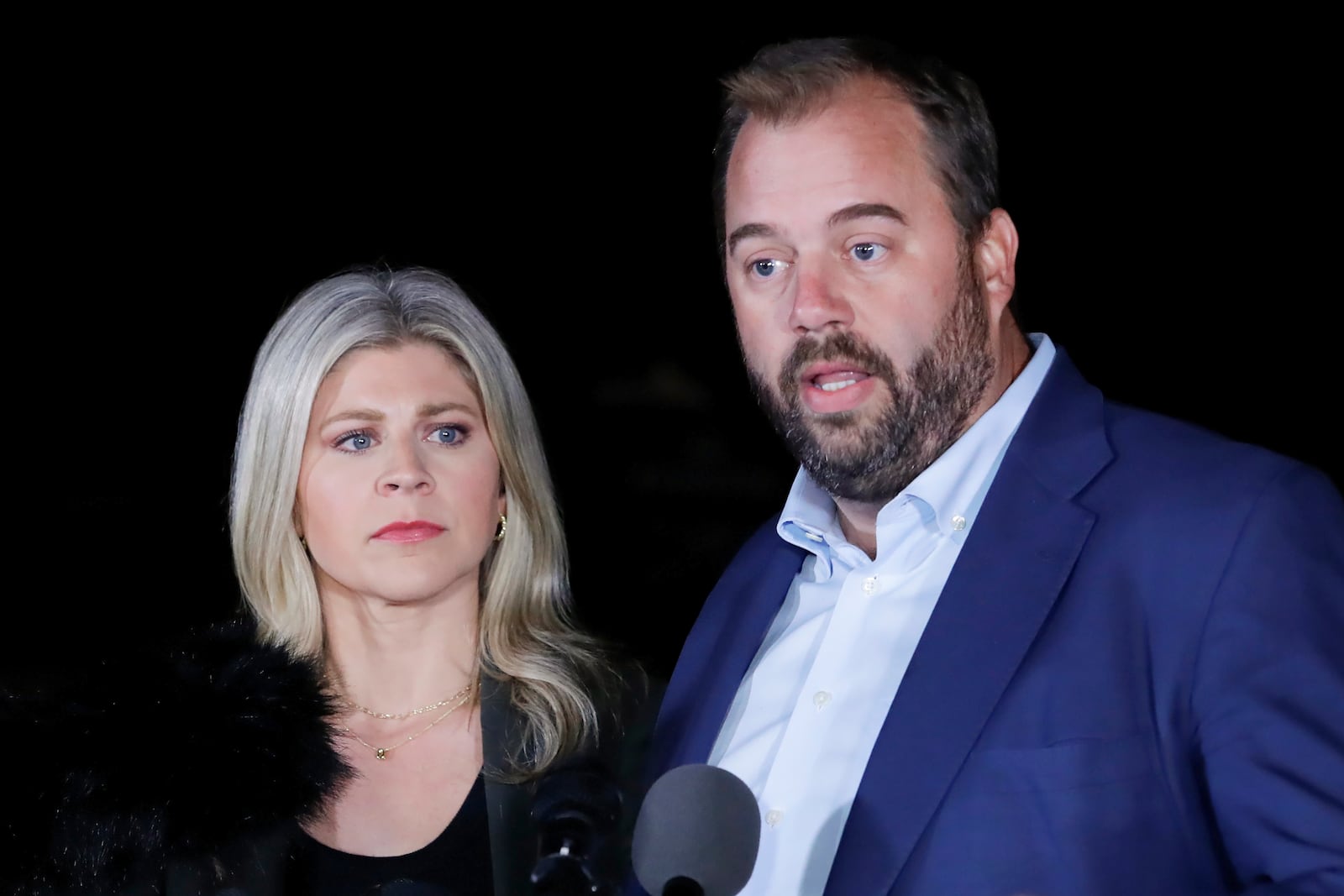 Texas state representatives Lacey Hull, left, and John Bucy III comment during a press conference after the stay granted by the Texas Supreme Court to halt the execution of Robert Roberson, at the Huntsville Unit of the Texas State Penitentiary, Thursday, Oct. 17, 2024, in Huntsville, Texas. (AP Photo/Michael Wyke)