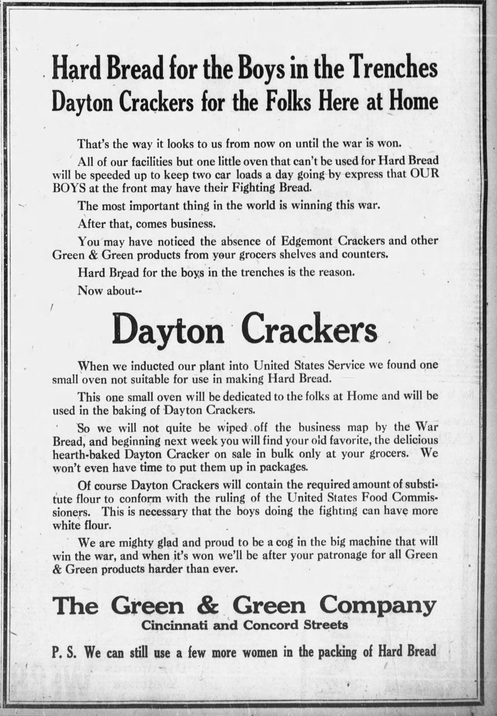 The Green & Green Company invented the Cheez-It in 1921. The company was known for making hardtack, a cracker-like bread, for American military during WW I. This advertisement for the company was published in the Dayton Daily News on July 14, 1918. 