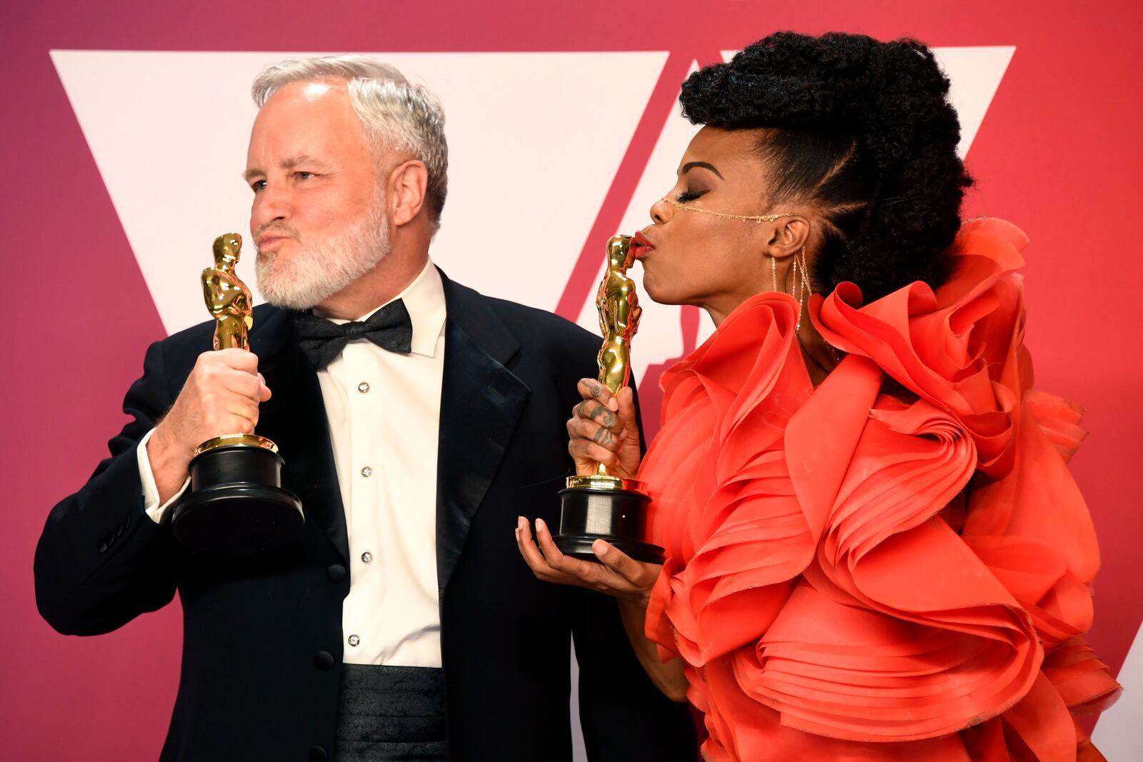 HOLLYWOOD, CALIFORNIA - FEBRUARY 24: (L-R) jay Hart and Hannah Beachler, winners of Best Production Design for "Black Panther," pose in the press room during the 91st Annual Academy Awards at Hollywood and Highland on February 24, 2019 in Hollywood, California. (Photo by Frazer Harrison/Getty Images)