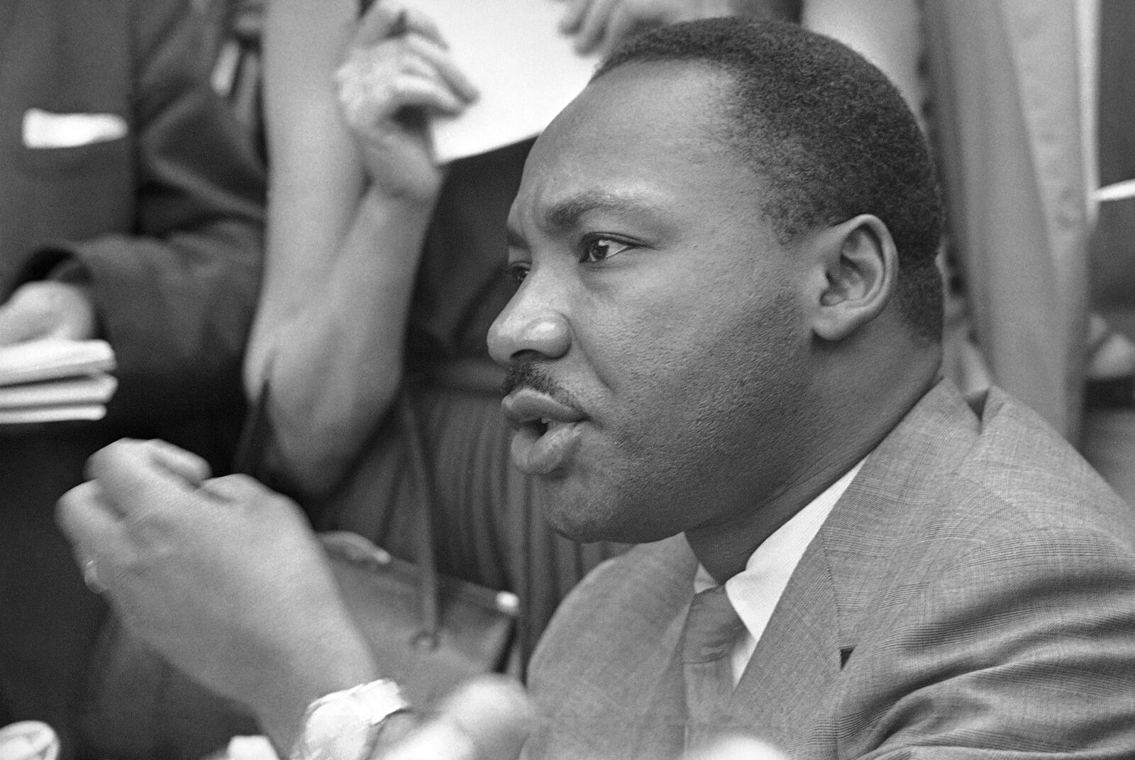 FILE - Rev. Martin Luther King Jr., speaks to reporters in Birmingham, Ala., May 9, 1963. (AP Photo)