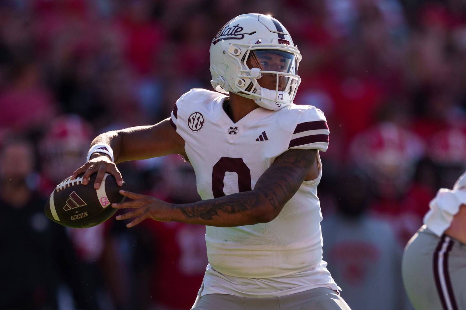 Mississippi State quarterback Michael Van Buren Jr. (0) throws the ball during an NCAA college football game against Georgia, Saturday, Oct. 12, 2024, in Athens, Ga. (AP Photo/Jason Allen)