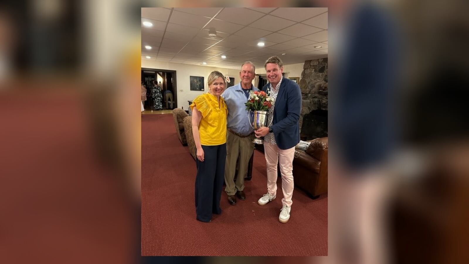 Springfield Polo Club members Marta Wojcik, executive director of the Westcott House, and Kevin Rose, historian, with United States Polo Association Pro/Coach Tom Goodspeed. They are holding the 1924 trophy that says John Westcott, a then 19-year-old man who grew up in the Westcott House and played for the Springfield Polo Club in that year’s match. Contributed