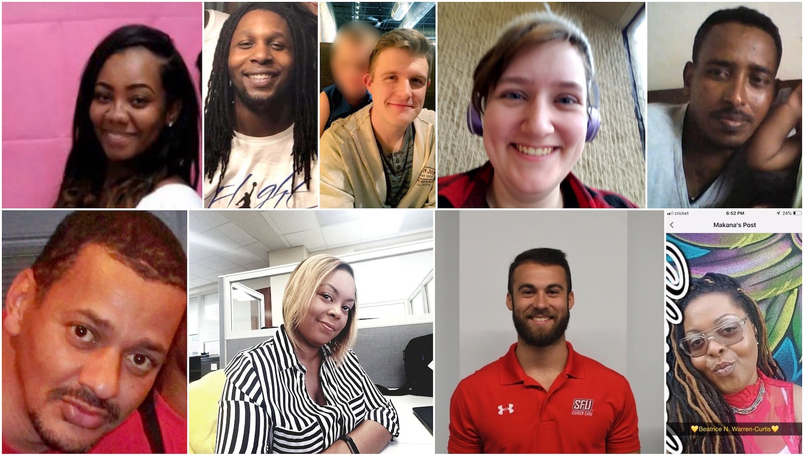 Oregon District mass shooting victims from left to bottom right: , Lois Oglesby, Thomas McNichols,  Logan Turner, Megan Betts, Saeed Saleh, Derrick Fudge, Monica Brickhouse, Nicholas Cumer and Beatrice Warren-Curtis.