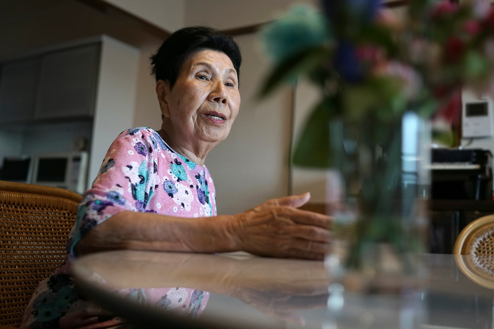 Hideko Hakamada, sister of Iwao Hakamada, speaks during an interview with The Associated Press in Hamamatsu, Shizuoka prefecture, central Japan, Thursday, Oct. 17, 2024. (AP Photo/Eugene Hoshiko)