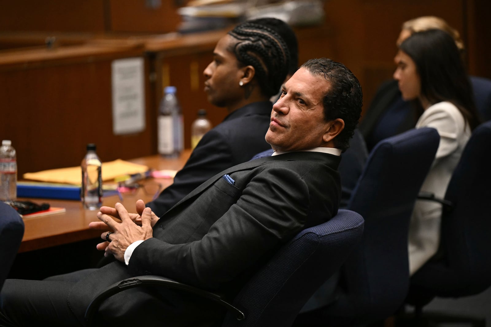 Attorney Joe Tacopina sits next to his client A$AP Rocky during Rocky's trial, in Los Angeles, Friday, Feb. 14, 2025, . (Patrick T. Fallon/ Pool Photo via AFP)