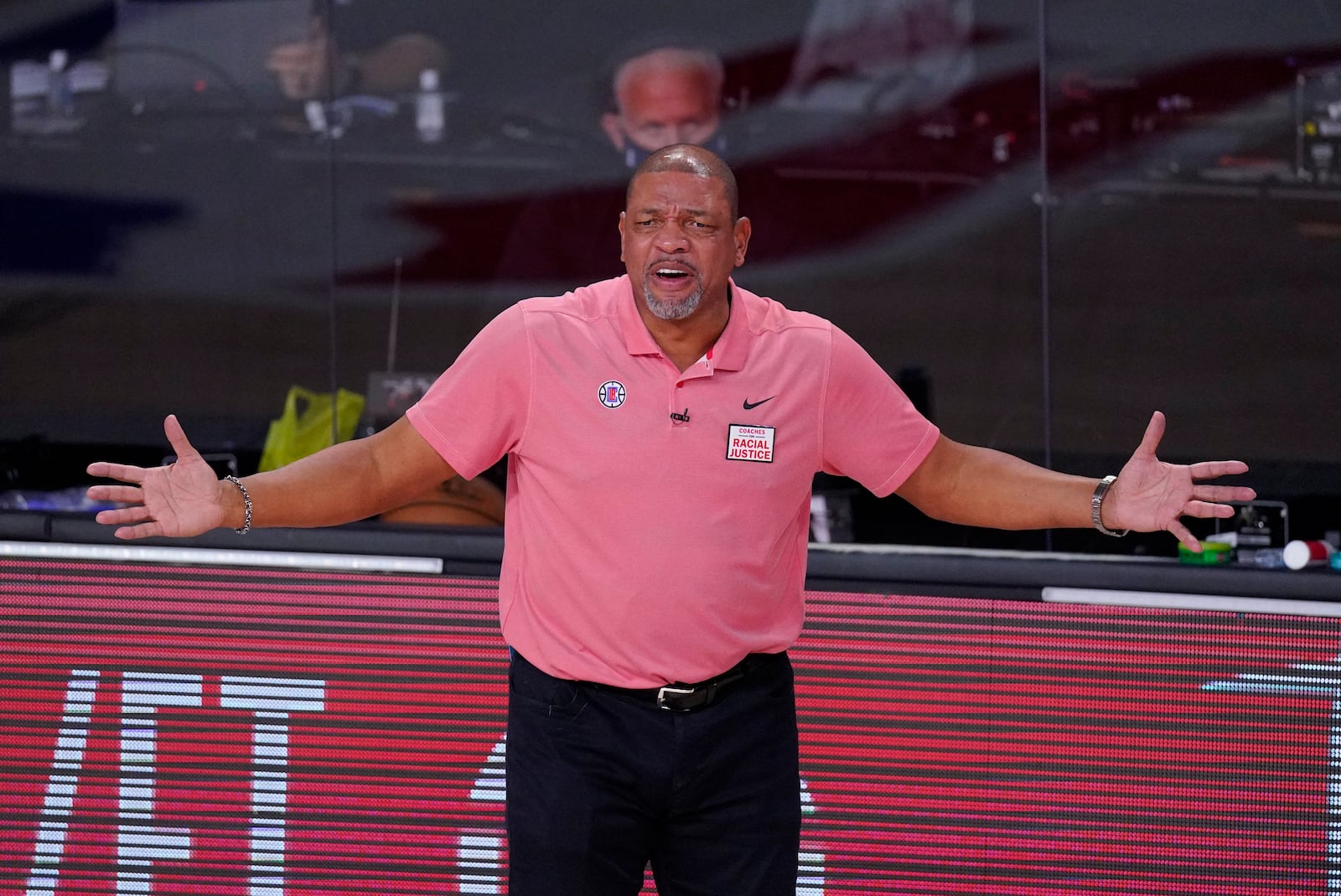 Los Angeles Clippers head coach Doc Rivers gestures during the second half of an NBA conference semifinal playoff basketball game against the Denver Nuggets, Wednesday, Sept. 9, 2020, in Lake Buena Vista, Fla. (AP Photo/Mark J. Terrill)