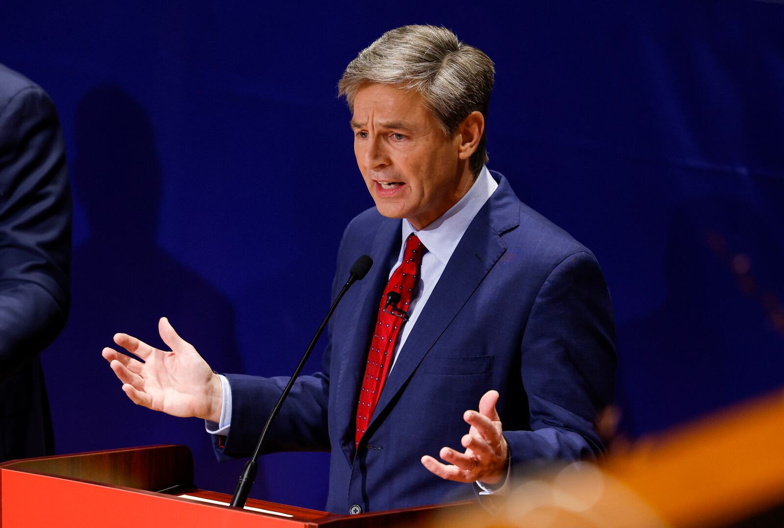 Candidate Matt Dolan answers questions during the Ohio U.S. Senate Primary Republican candidate debate hosted by Miami University and WLWT Tuesday, April 5, 2022 at Harry T. Wilks Theatre inside Armstrong Student Center on the Miami University campus in Oxford. NICK GRAHAM/STAFF