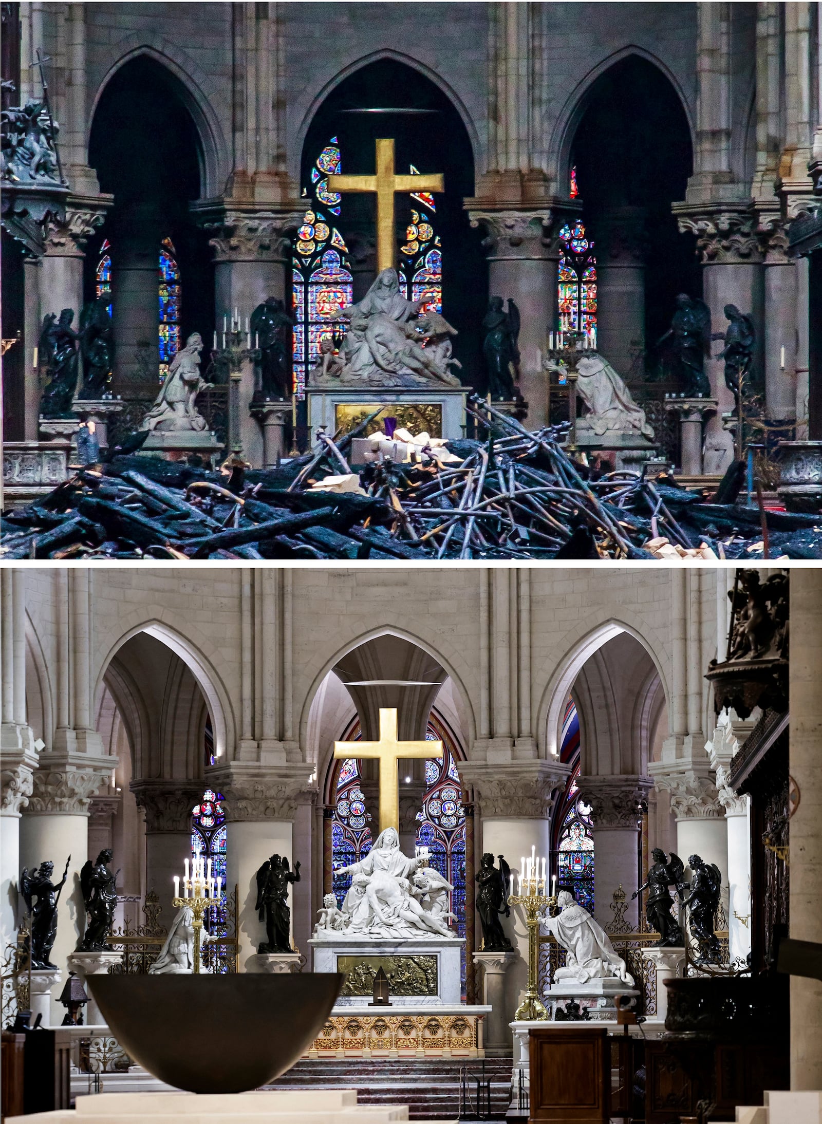 A combo of images showing the altar inside Notre Dame cathedral in Paris after the fire on April 16, 2019, top, and showing after the renovation and taken on Friday Nov. 29, 2024. (Christophe Petit Tesson and Stephane de Sakutin, Pool via AP)