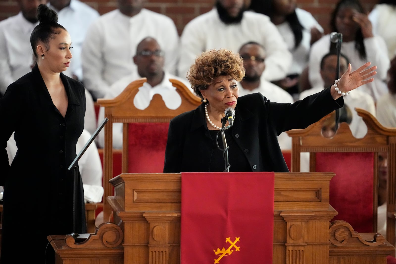 Vy Higginsen speaks during a ceremony celebrating the life of Cissy Houston on Thursday, Oct. 17, 2024, at the New Hope Baptist Church in Newark, N.J. (Photo by Charles Sykes/Invision/AP)