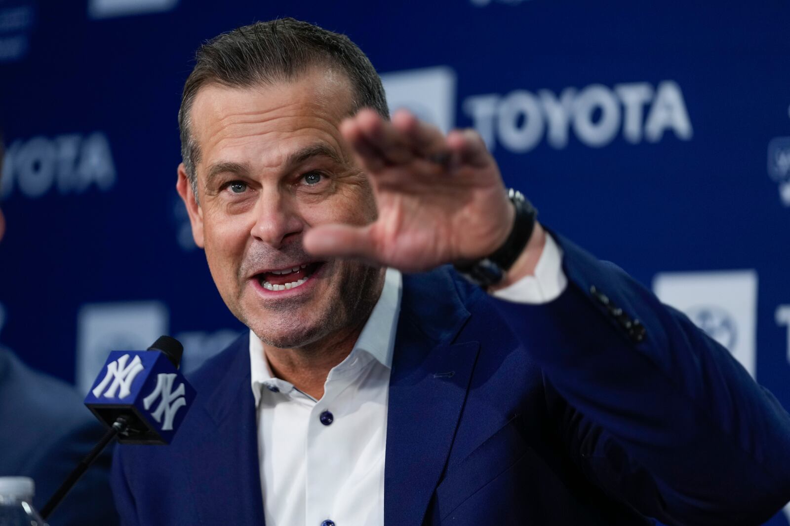 New York Yankees manager Aaron Boone speaks during a baseball news conference, Wednesday, Dec. 18, 2024, in New York. (AP Photo/Frank Franklin II)