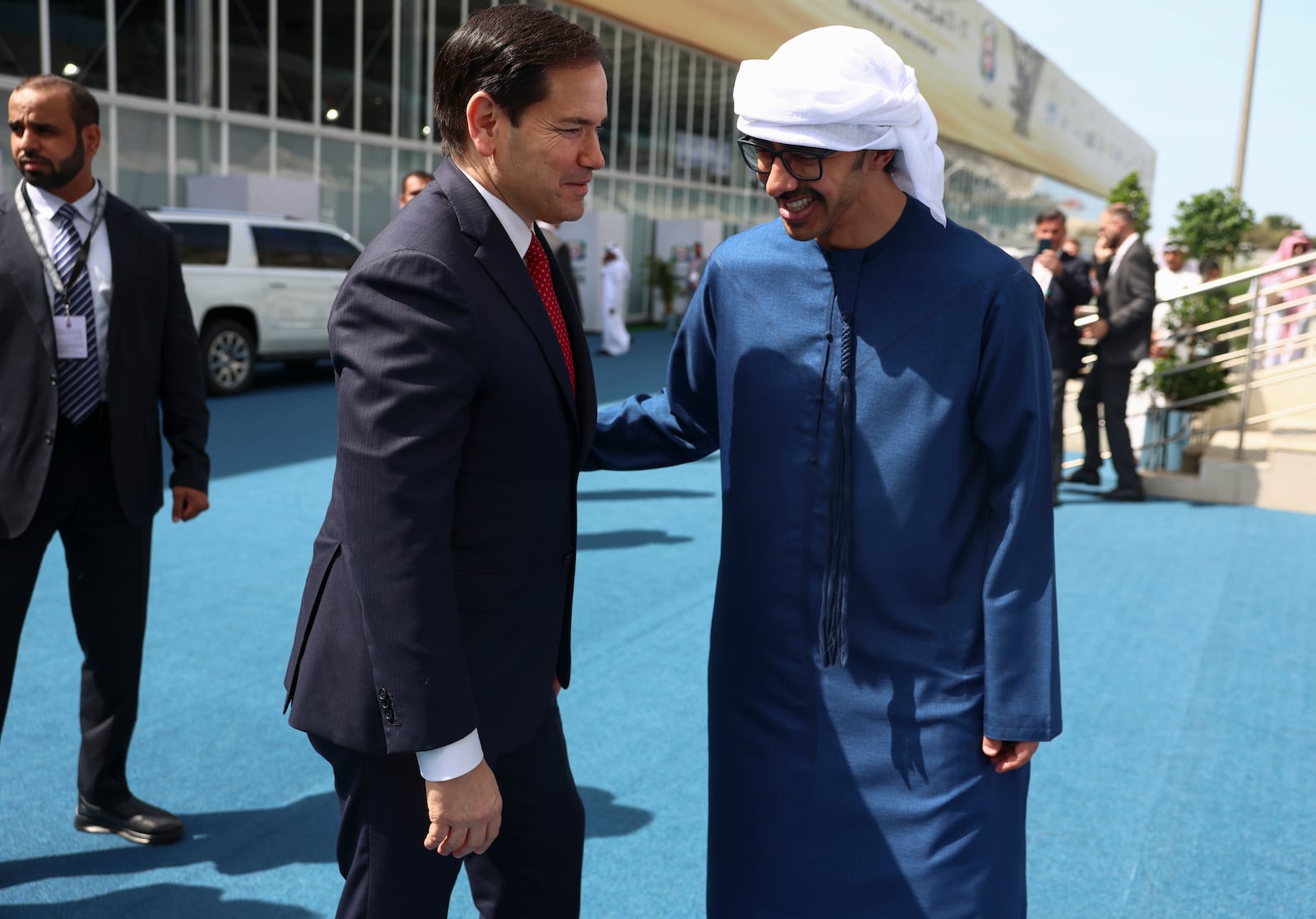 United Arab Emirates Foreign Minister Abdullah bin Zayed Al Nahyan, right, greets U.S. Secretary of State Marco Rubio at ADNEC Centre Abu Dhabi in Abu Dhabi, United Arab Emirates, Wednesday, Feb. 19, 2025. (Evelyn Hockstein/Pool Photo via AP)