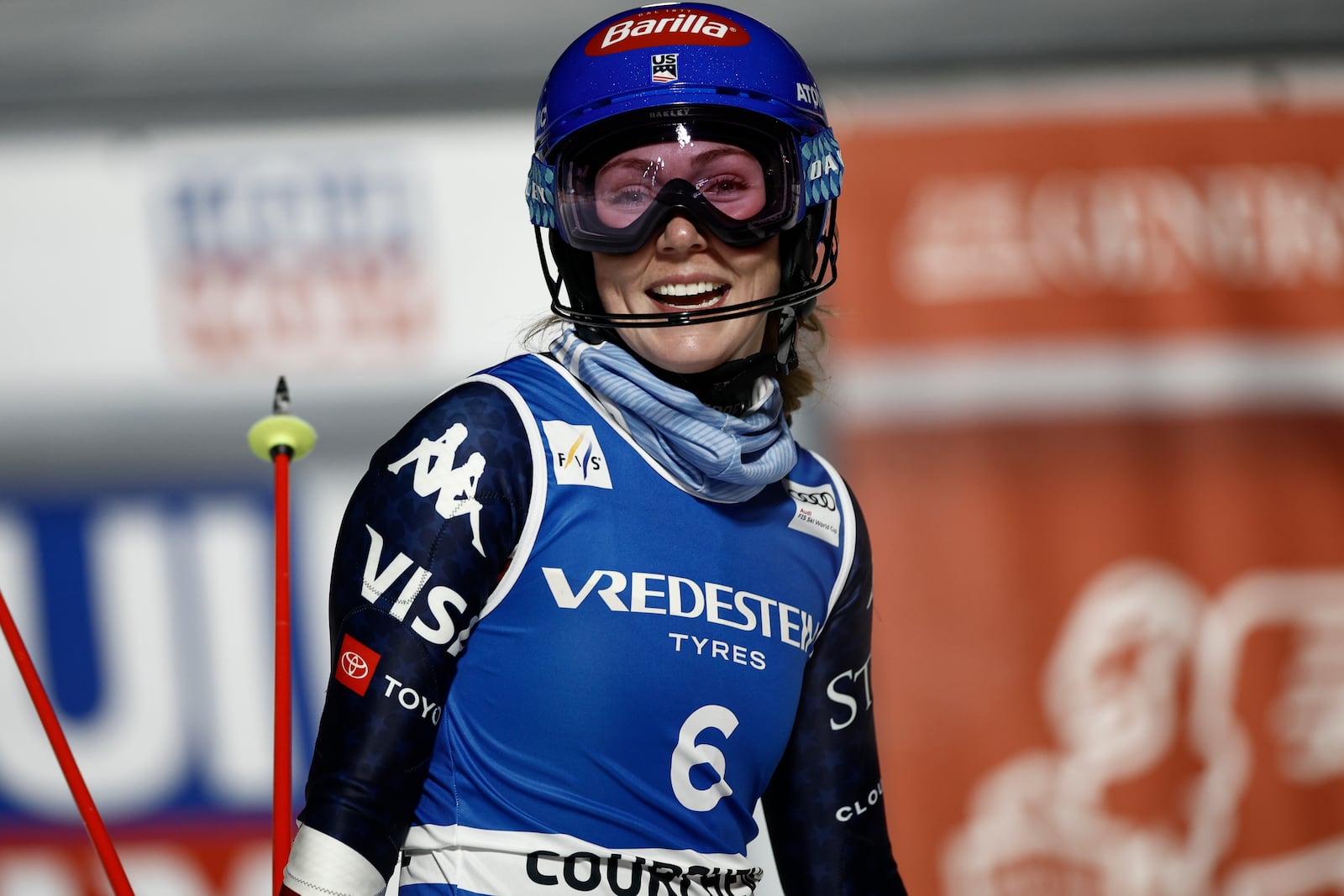 United States' Mikaela Shiffrin gets to the finish area after completing a women's World Cup slalom, in Courchevel, France, Thursday Jan. 30, 2025. (AP Photo/Gabriele Facciotti)