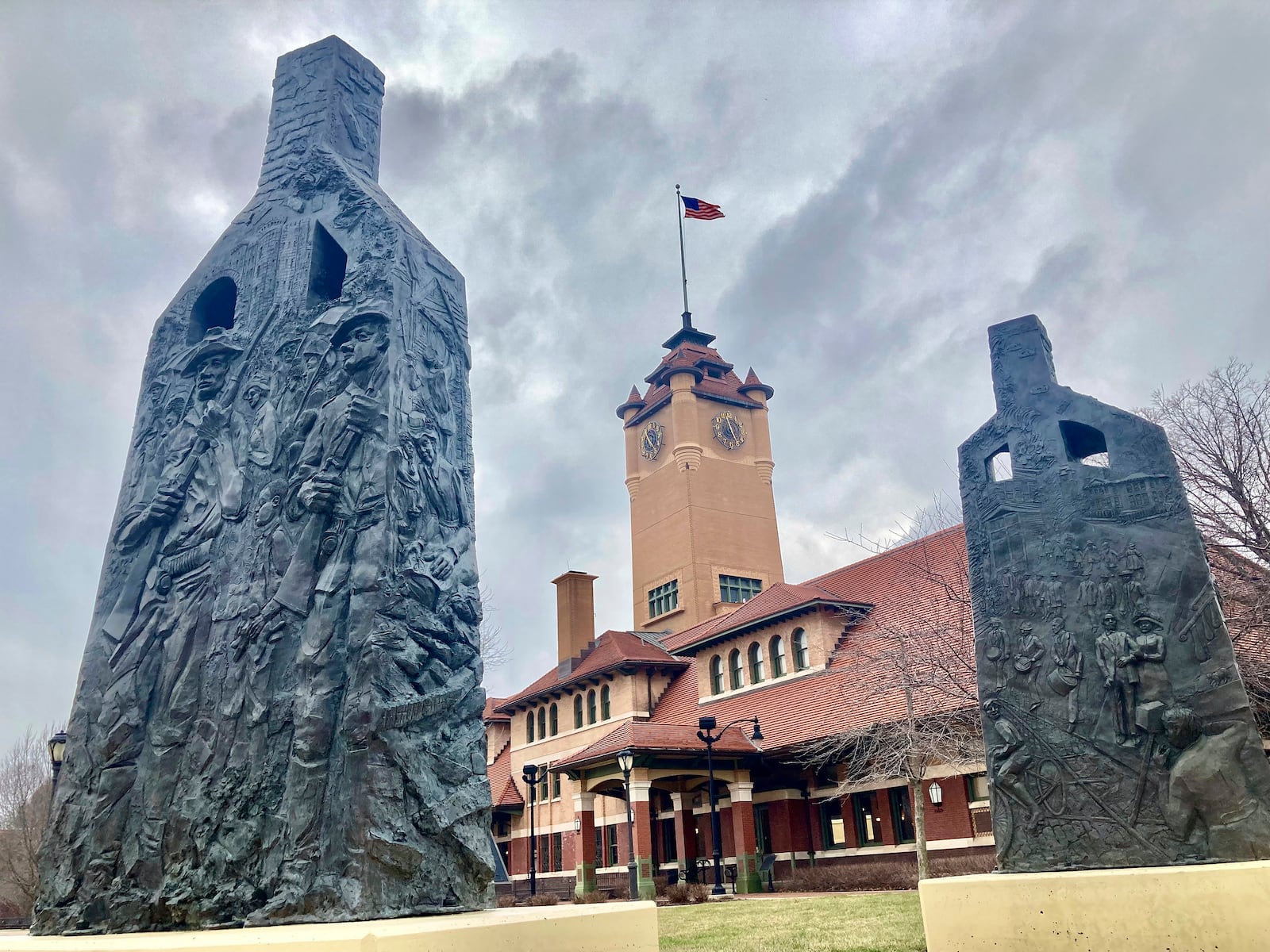 FILE - Sculptures representing charred chimneys rising from the smoldering rubble of burned-out buildings make up the Centennial memorial of the 1908 Race Riot entitled, "Acts of Intolerance" by Preston Jackson, on March 22, 2023, in Springfield, Ill. (AP Photo/John O'Connor, File)