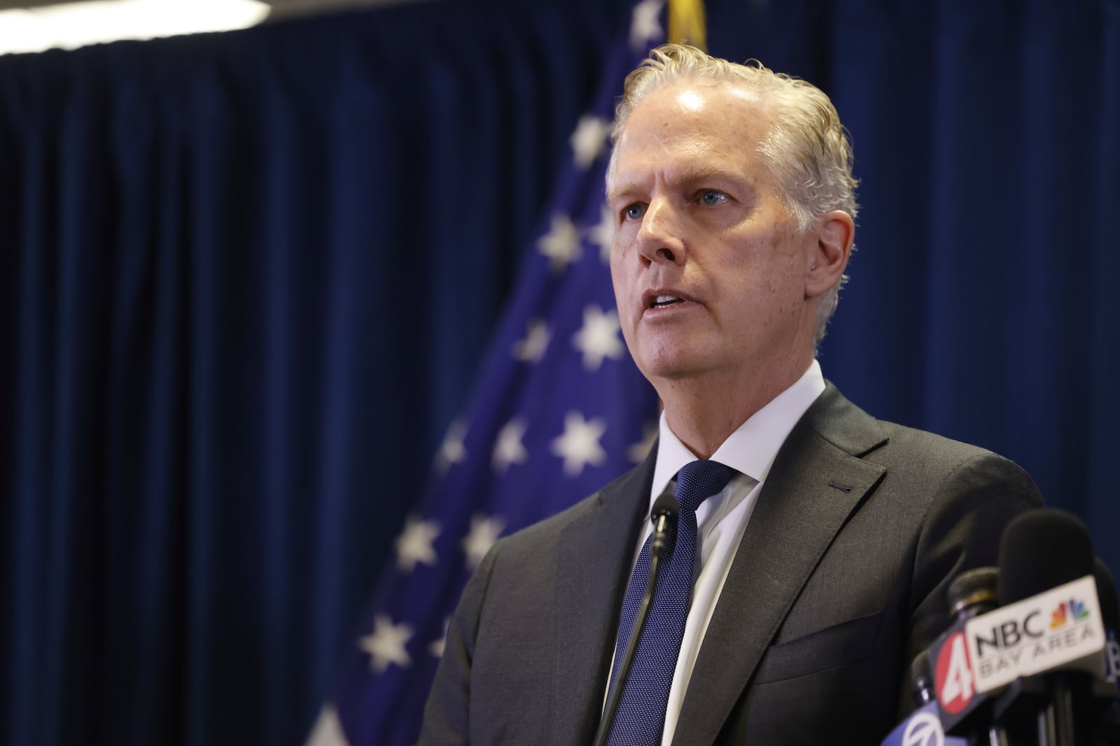 First Assistant United States Attorney Patrick D. Robbins and federal officials hold a news conference announcing the indictment of former Oakland Mayor Sheng Thao on Friday, Jan. 17, 2025 in San Francisco, Calif. (Lea Suzuki/San Francisco Chronicle via AP)