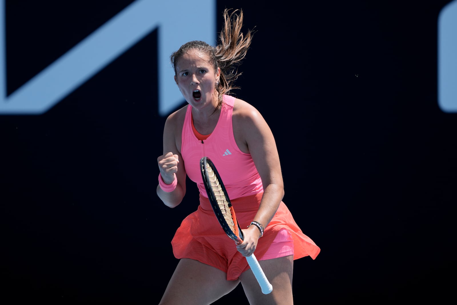 Daria Kasatkina of Russia reacts after winning the first set against Wang Yafan of China during their second round match at the Australian Open tennis championship in Melbourne, Australia, Thursday, Jan. 16, 2025. (AP Photo/Ng Han Guan)